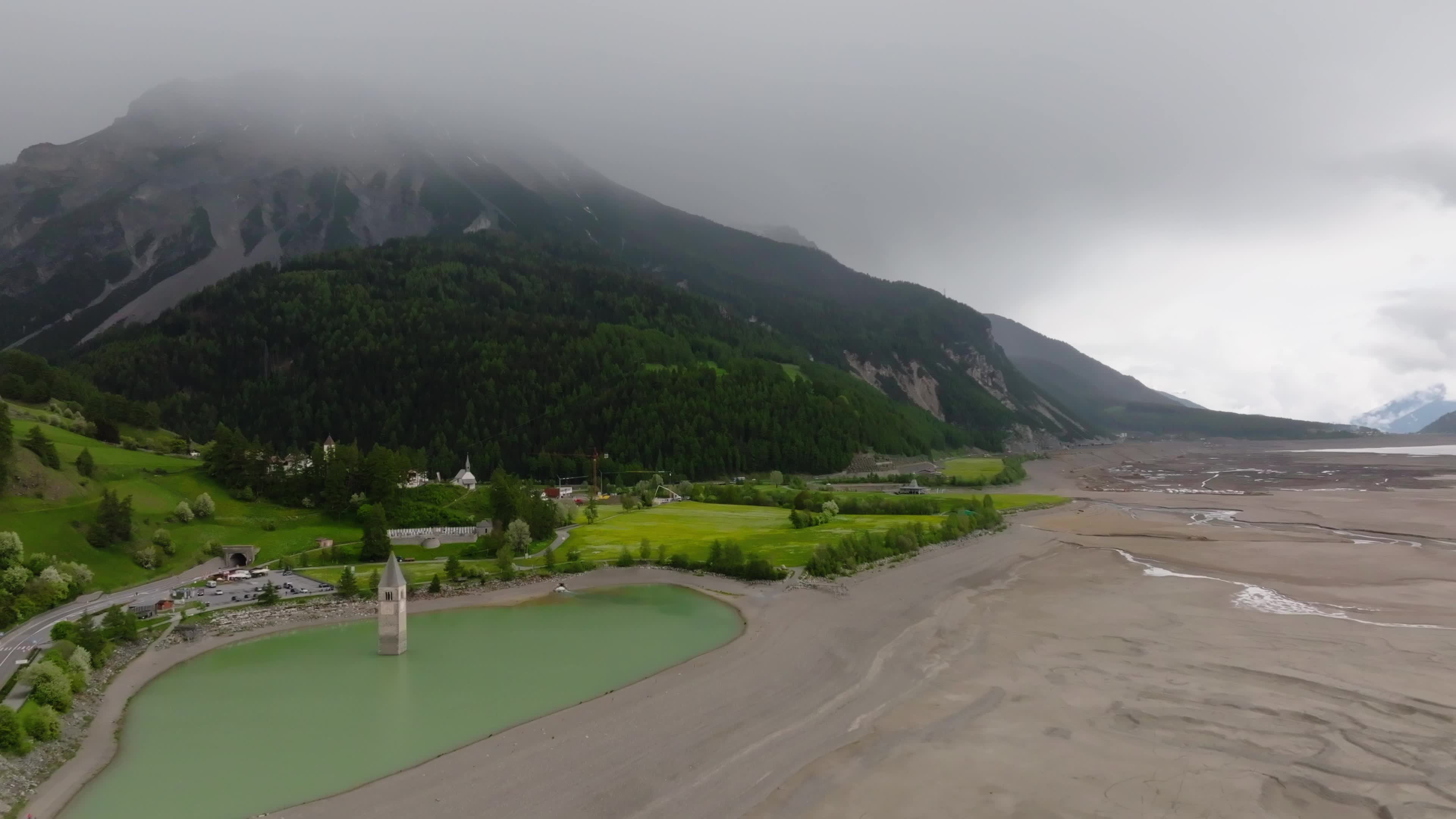 Drone View Of Reschensee Lake Drained for Alpine Road Construction
