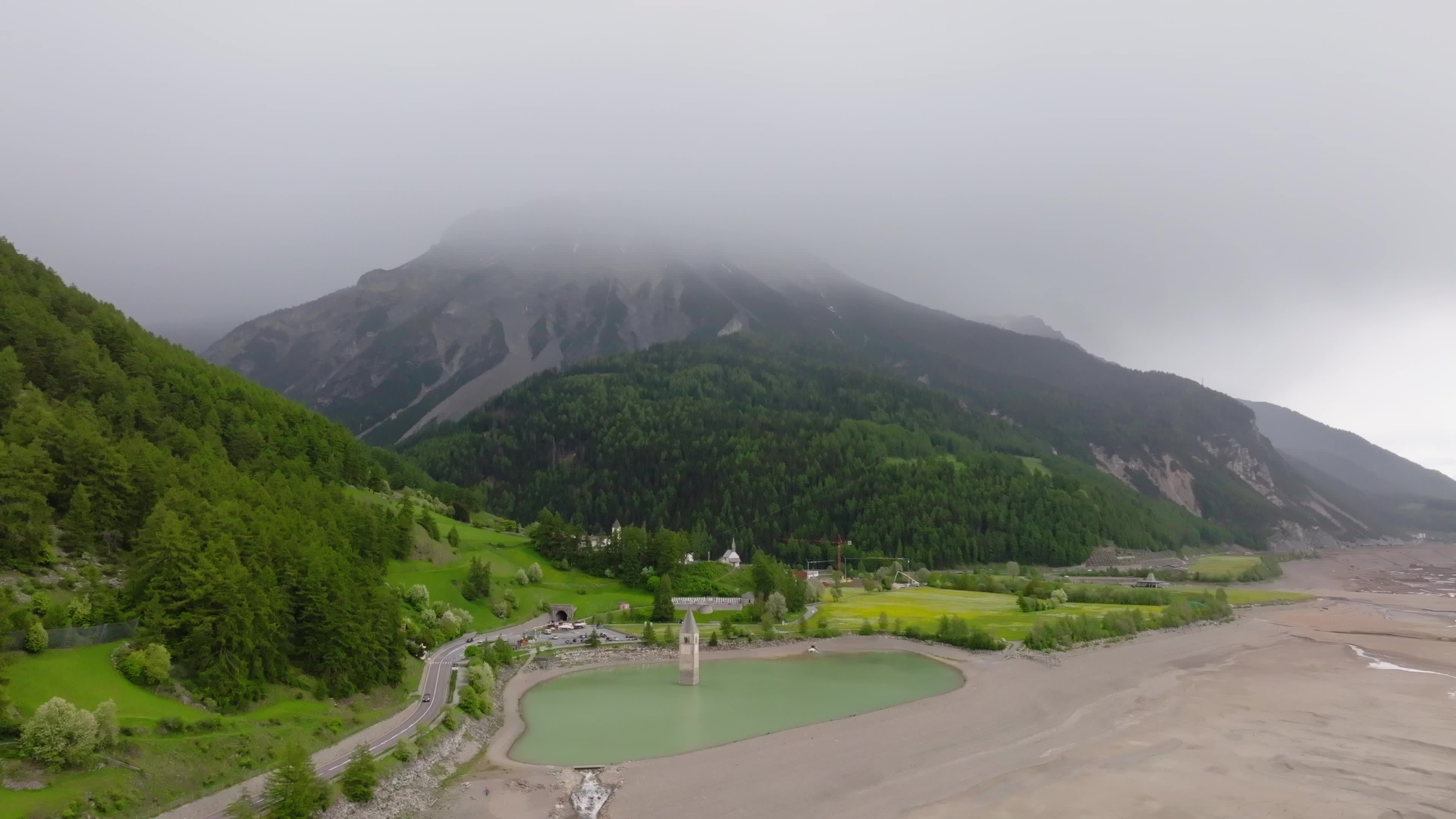 Drone View Of Reschensee Lake Drained for Alpine Road Construction