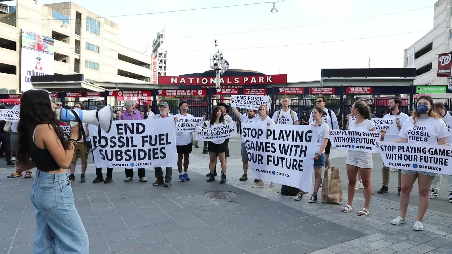 Climate activists are protesting during the annual Congressional Baseball Game in Washington DC, USA