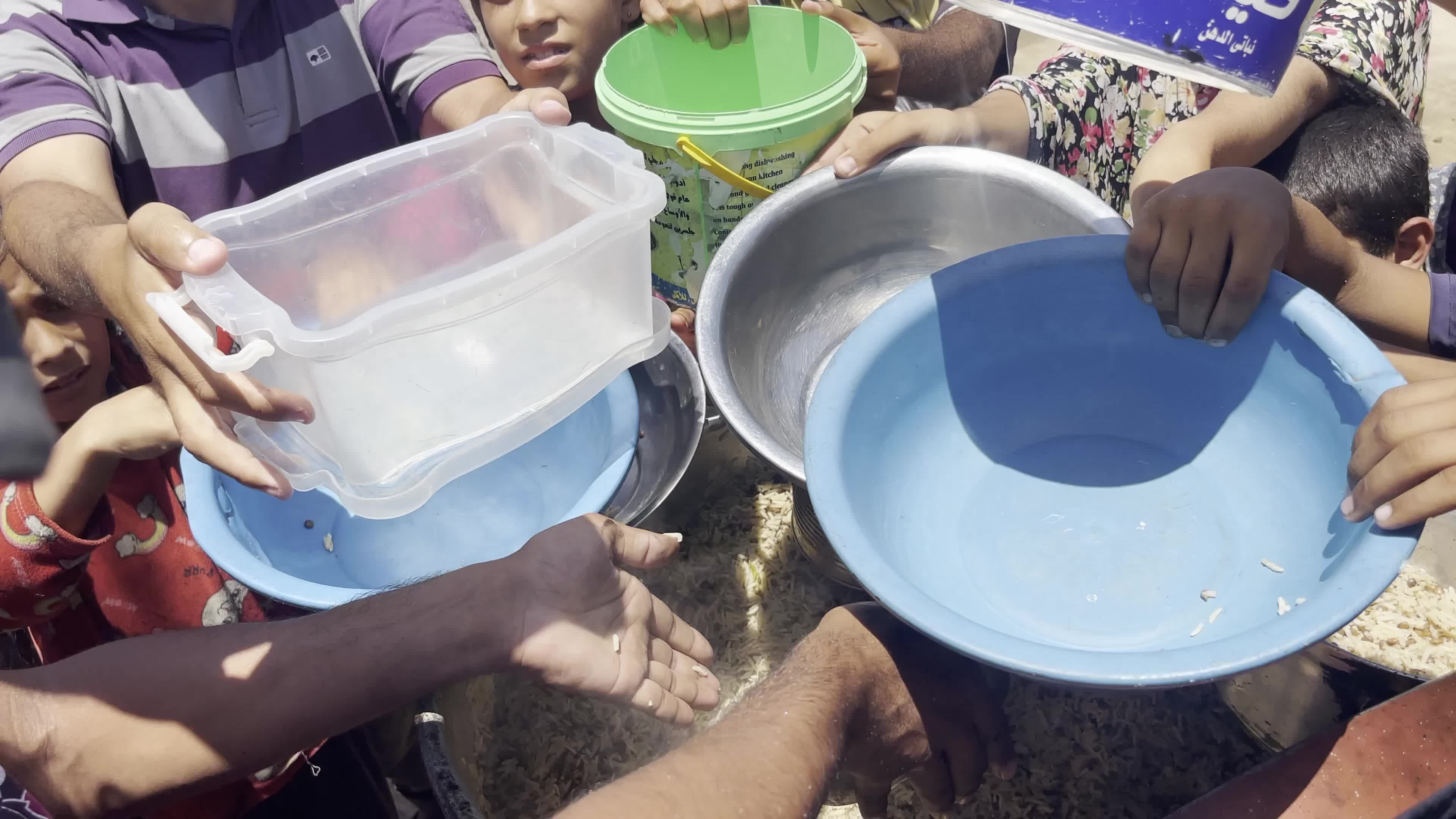 Displaced Palestinian Children Await Food Distribution Amid Ongoing Gaza Conflict