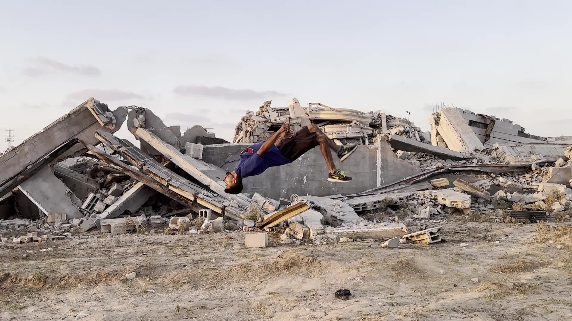 Parkour in Gaza Among Ruins of Bombed Building Amid Hamas-Israel Conflict