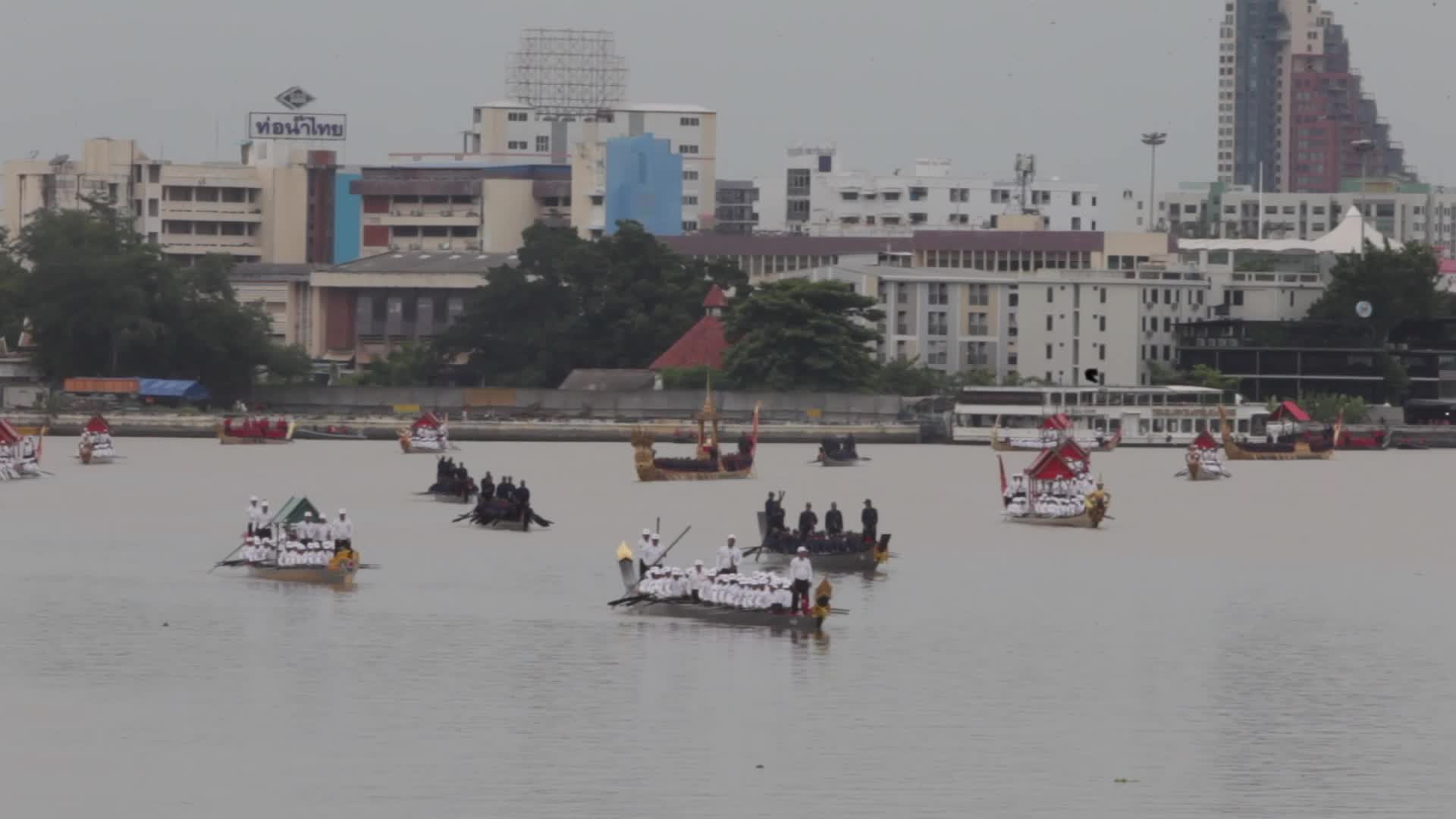 Thai Oarsmen Row Royal Barges During Practice Procession on Chao Phraya River