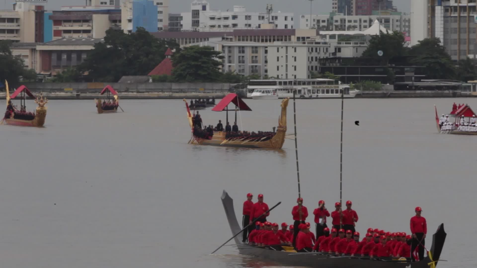 Thai Oarsmen Row Royal Barges During Practice Procession on Chao Phraya River