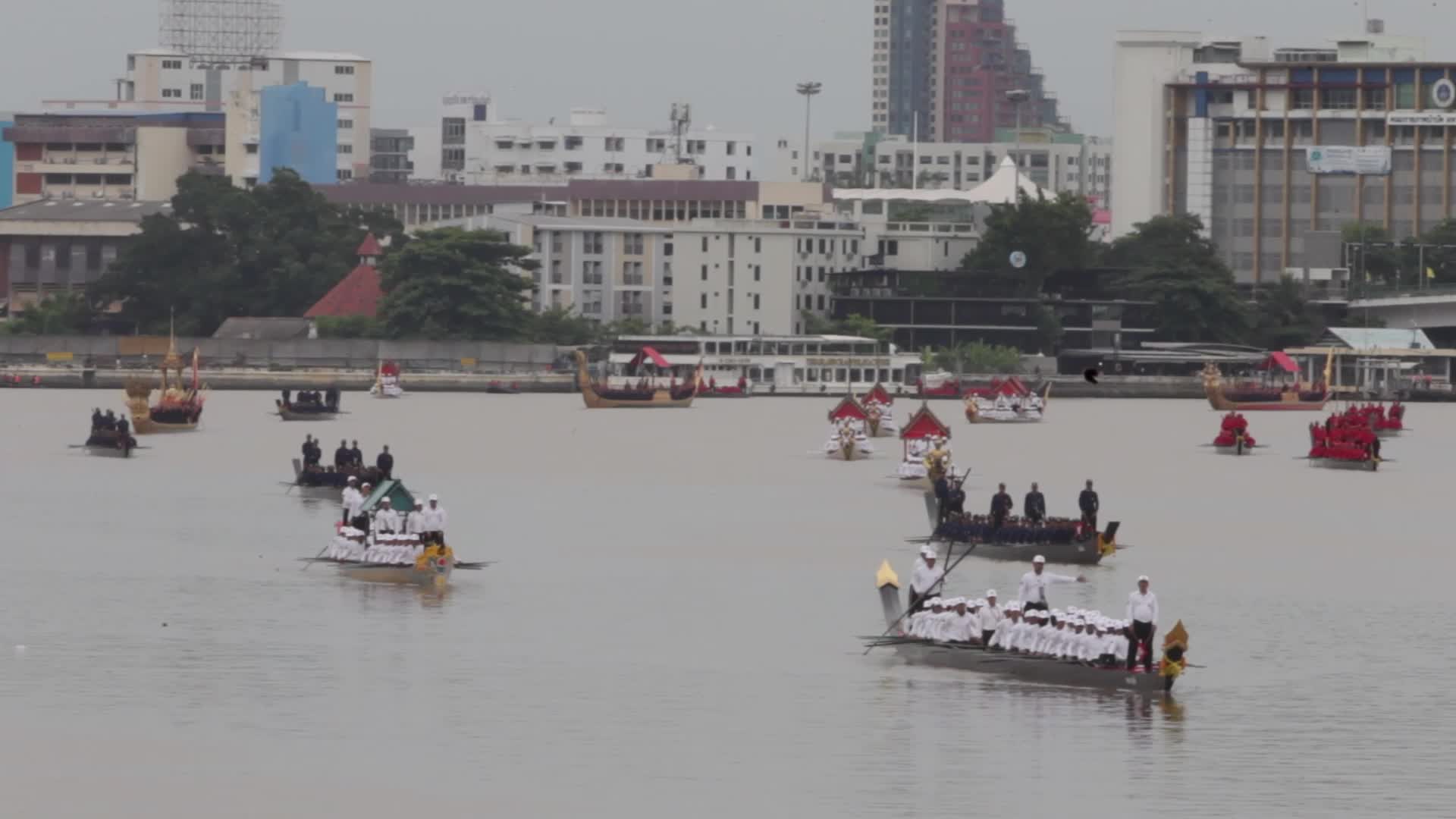Thai Oarsmen Row Royal Barges During Practice Procession on Chao Phraya River