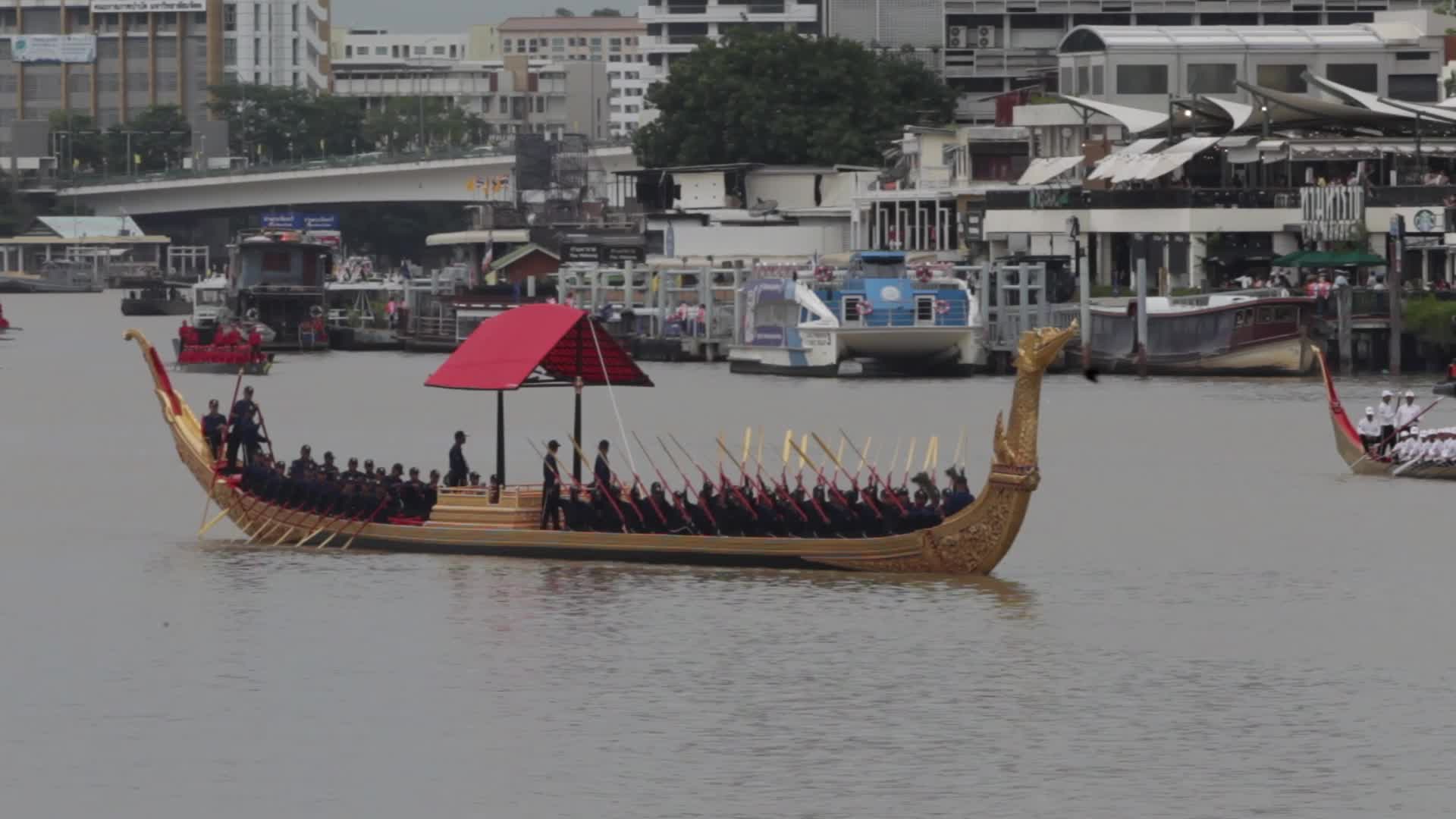Thai Oarsmen Row Royal Barges During Practice Procession on Chao Phraya River