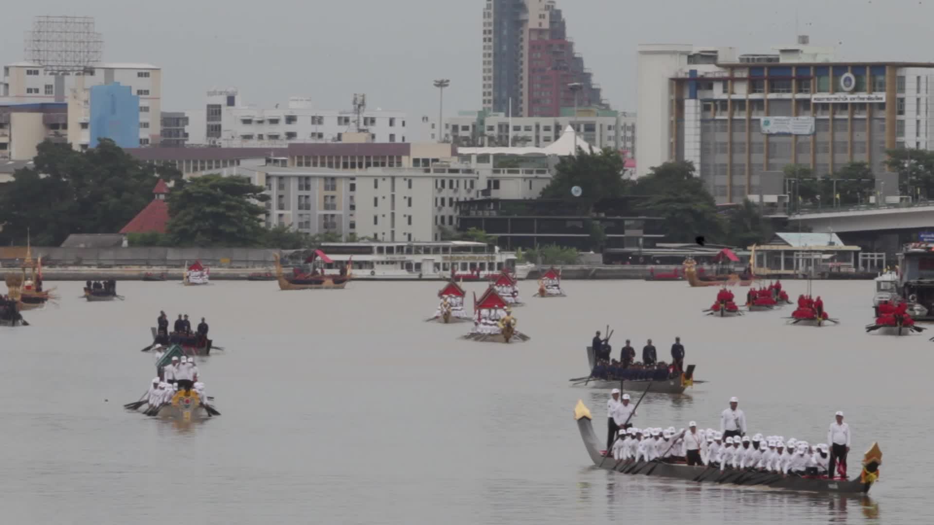 Thai Oarsmen Row Royal Barges During Practice Procession on Chao Phraya River