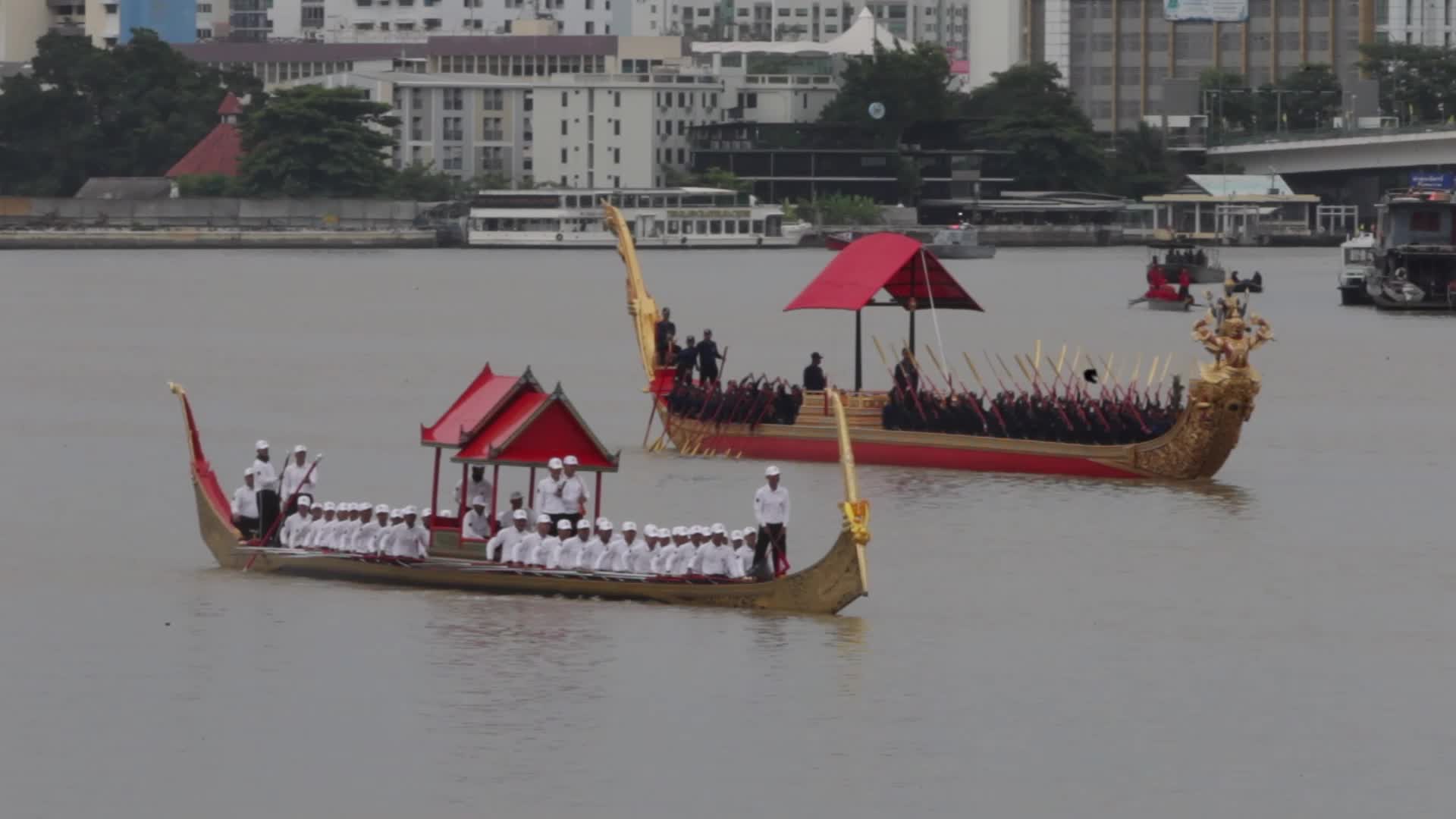 Thai Oarsmen Row Royal Barges During Practice Procession on Chao Phraya River