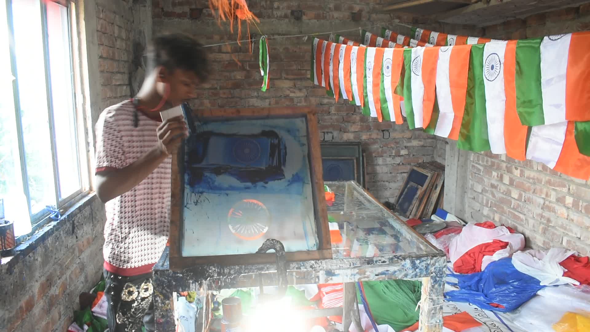 Indian flag printing at a Workshop in Kolkata.