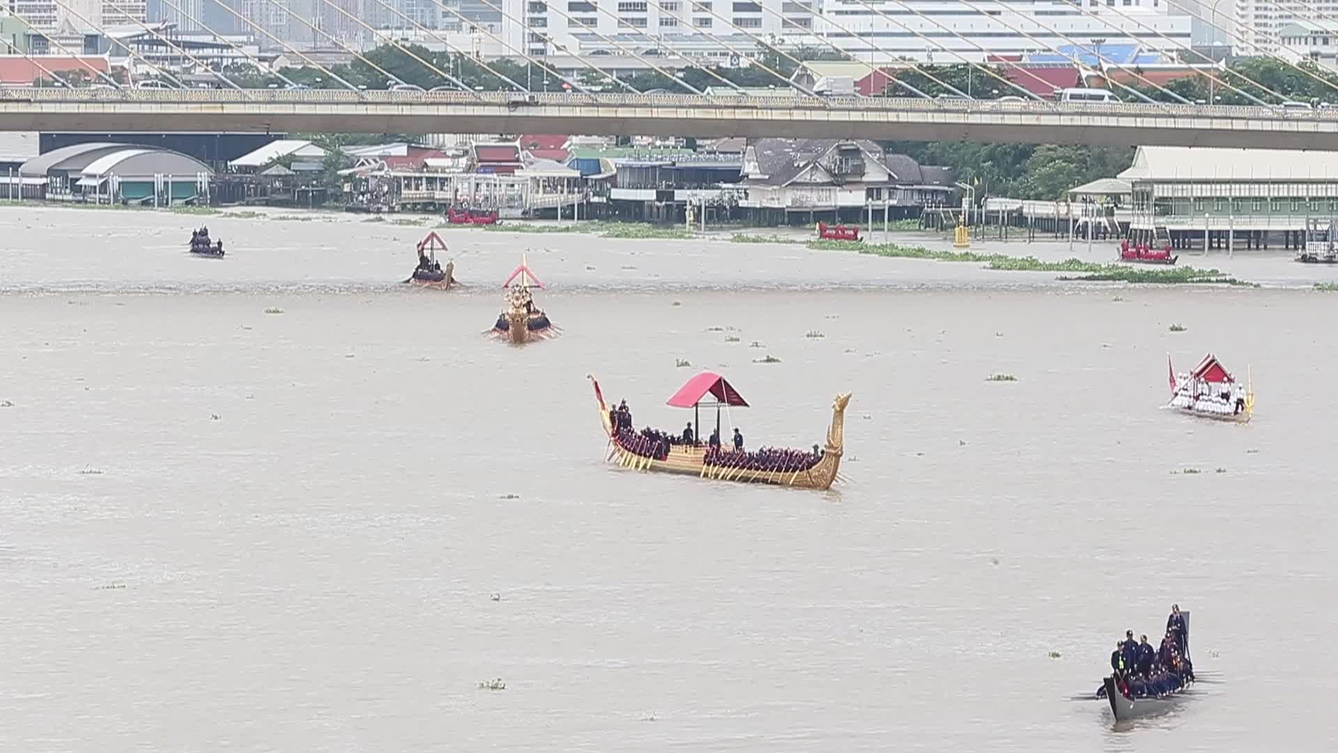 Thai Oarsmen Row Royal Barges on Chao Phraya River During Practice Procession for Upcoming Royal Kathin Ceremony