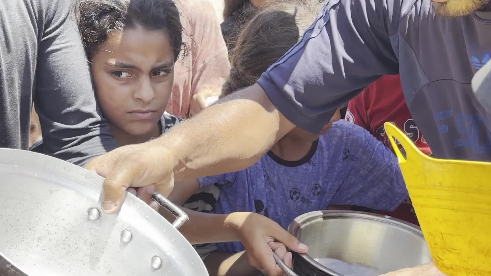 Displaced Palestinians Gather for Charity Food Distribution Amid Ongoing Israel-Hamas Conflict in Al-Zawaida, Central Gaza