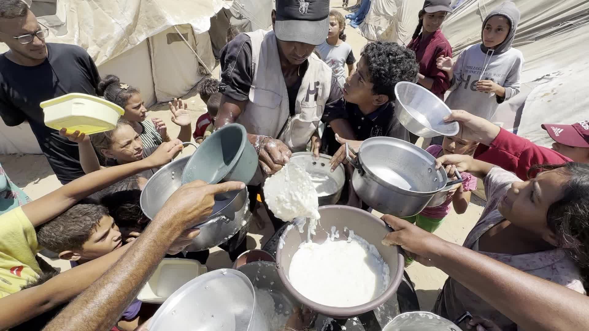 Displaced Palestinians Gather for Charity Food Distribution Amid Ongoing Israel-Hamas Conflict in Al-Zawaida, Central Gaza