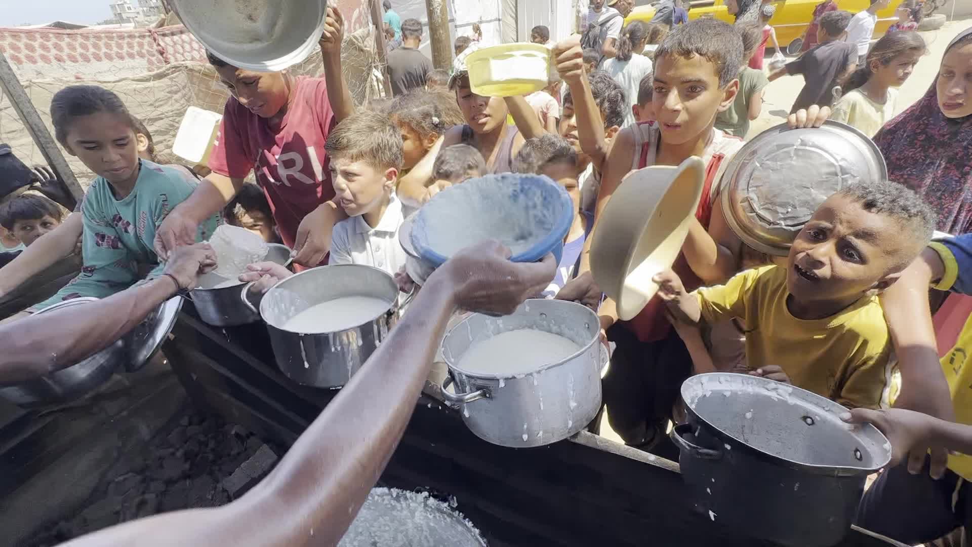 Displaced Palestinians Gather for Charity Food Distribution Amid Ongoing Israel-Hamas Conflict in Al-Zawaida, Central Gaza