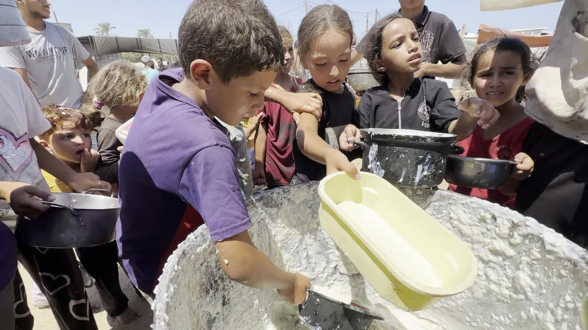 Displaced Palestinians Gather for Charity Food Distribution Amid Ongoing Israel-Hamas Conflict in Al-Zawaida, Central Gaza