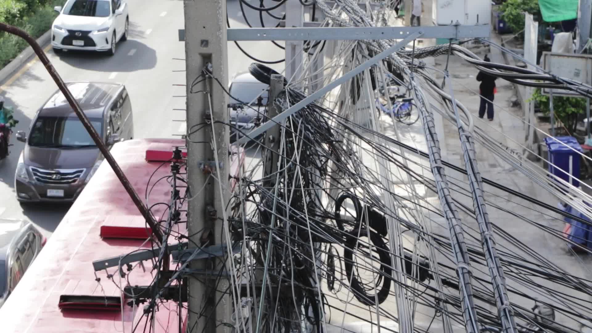 Electricity and telecom cable lines displayed on the posts 