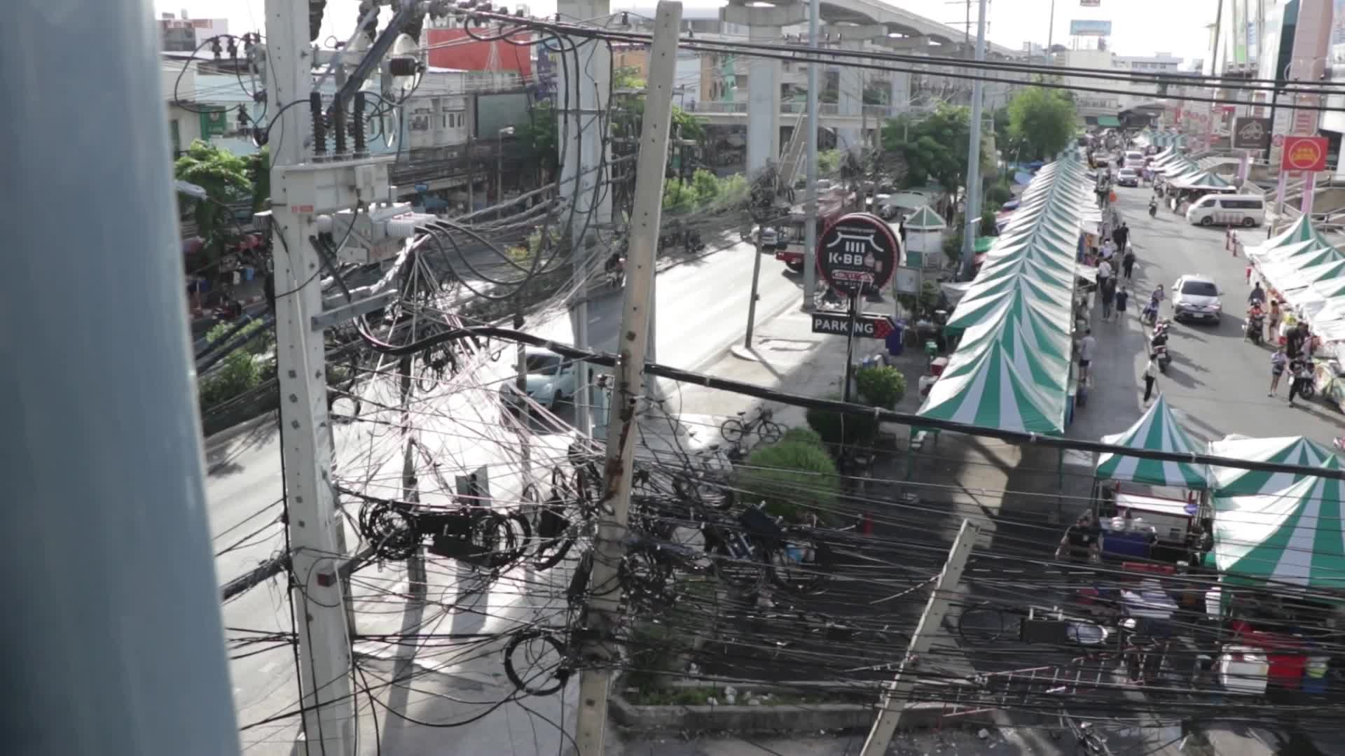 Electricity and telecom cable lines displayed on the posts 