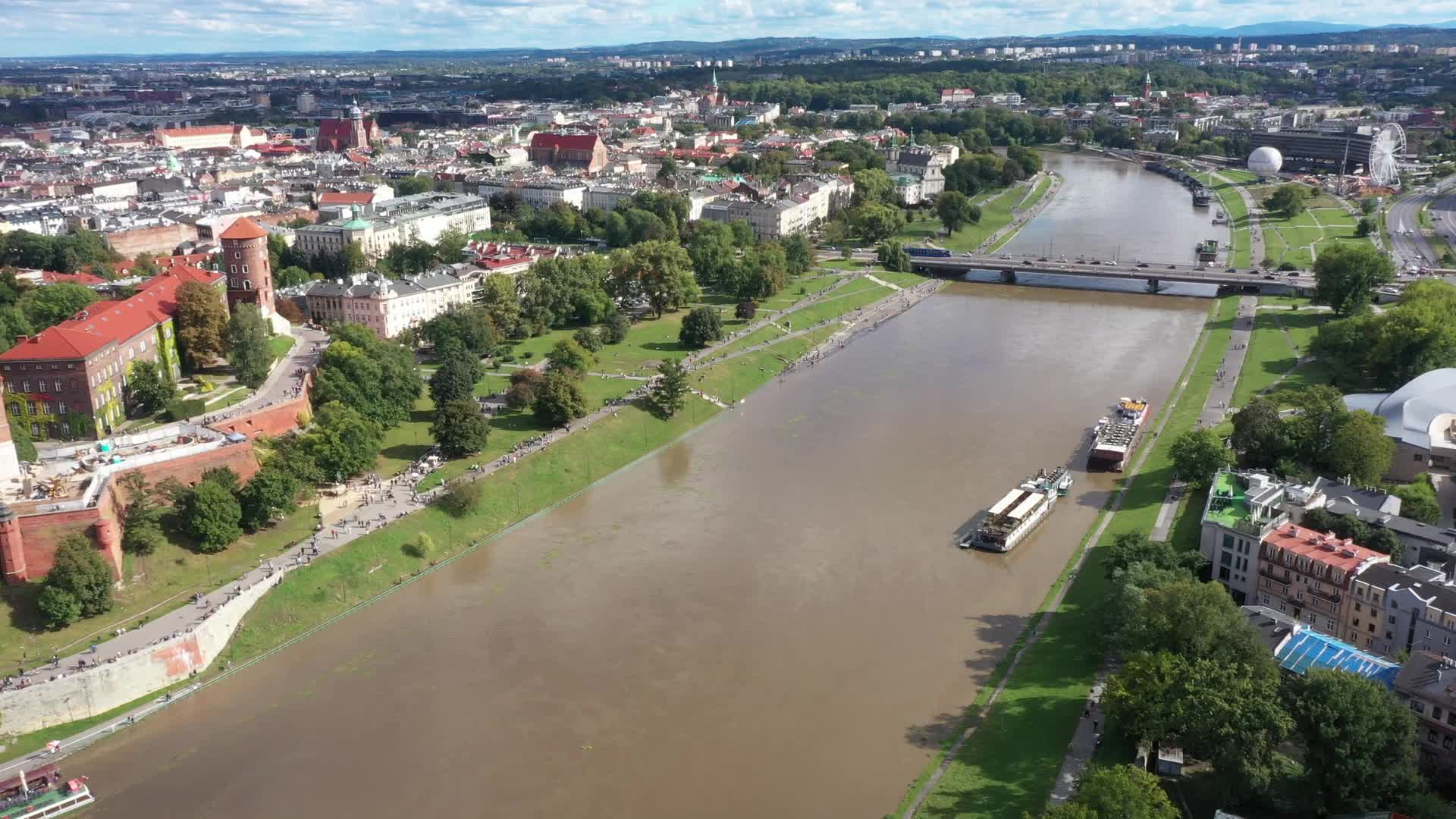 Vistula river in Krakow flooded boulevard