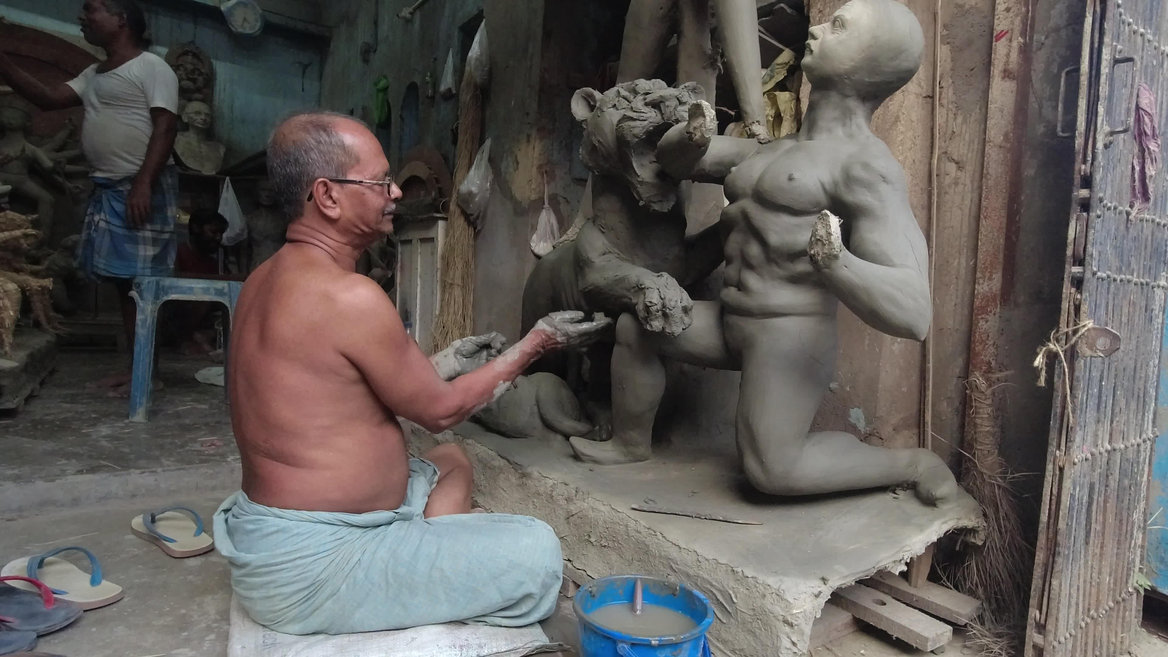 Preparation of Durga puja festival in India.