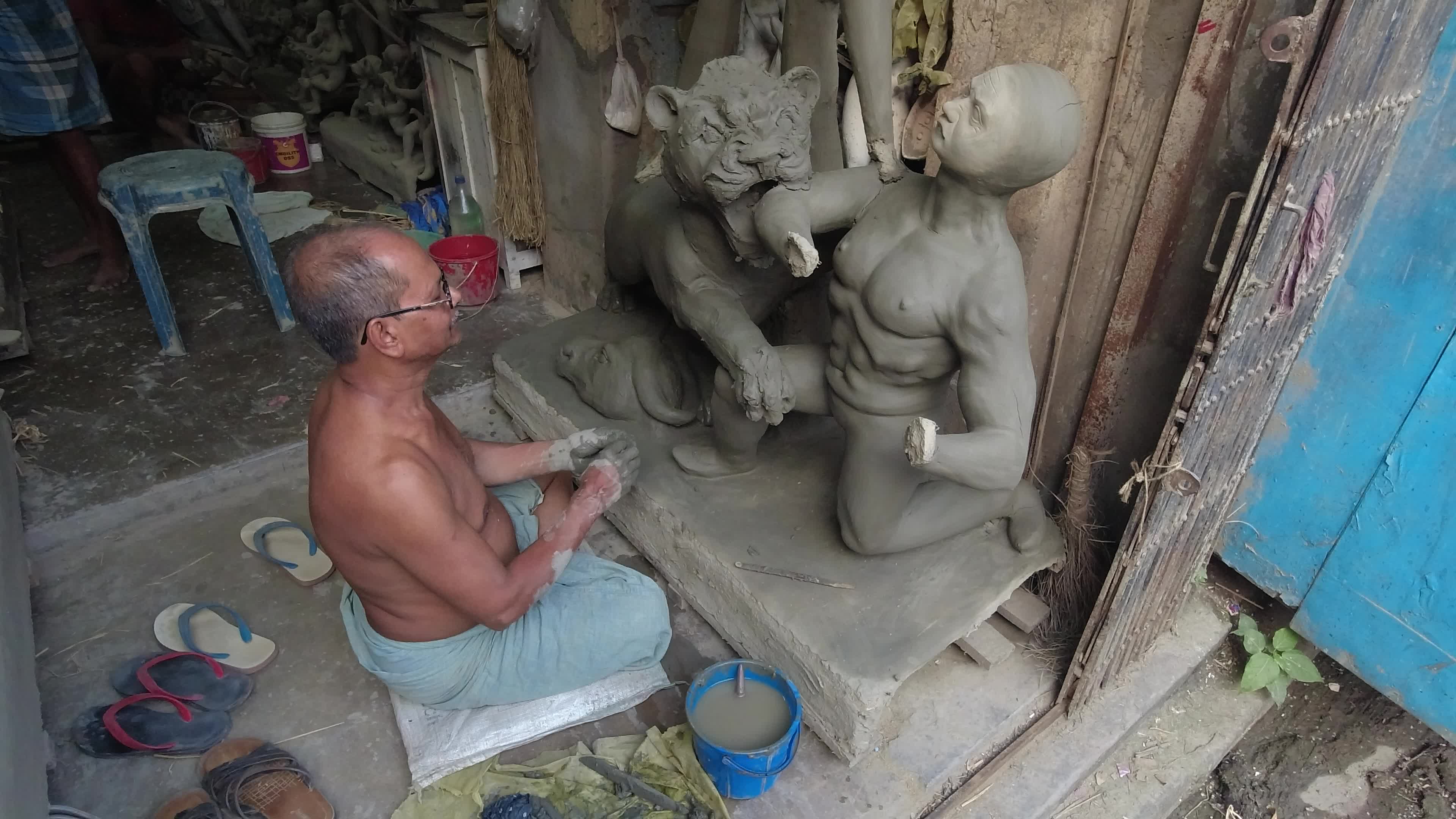 Preparation of Durga puja festival in India.