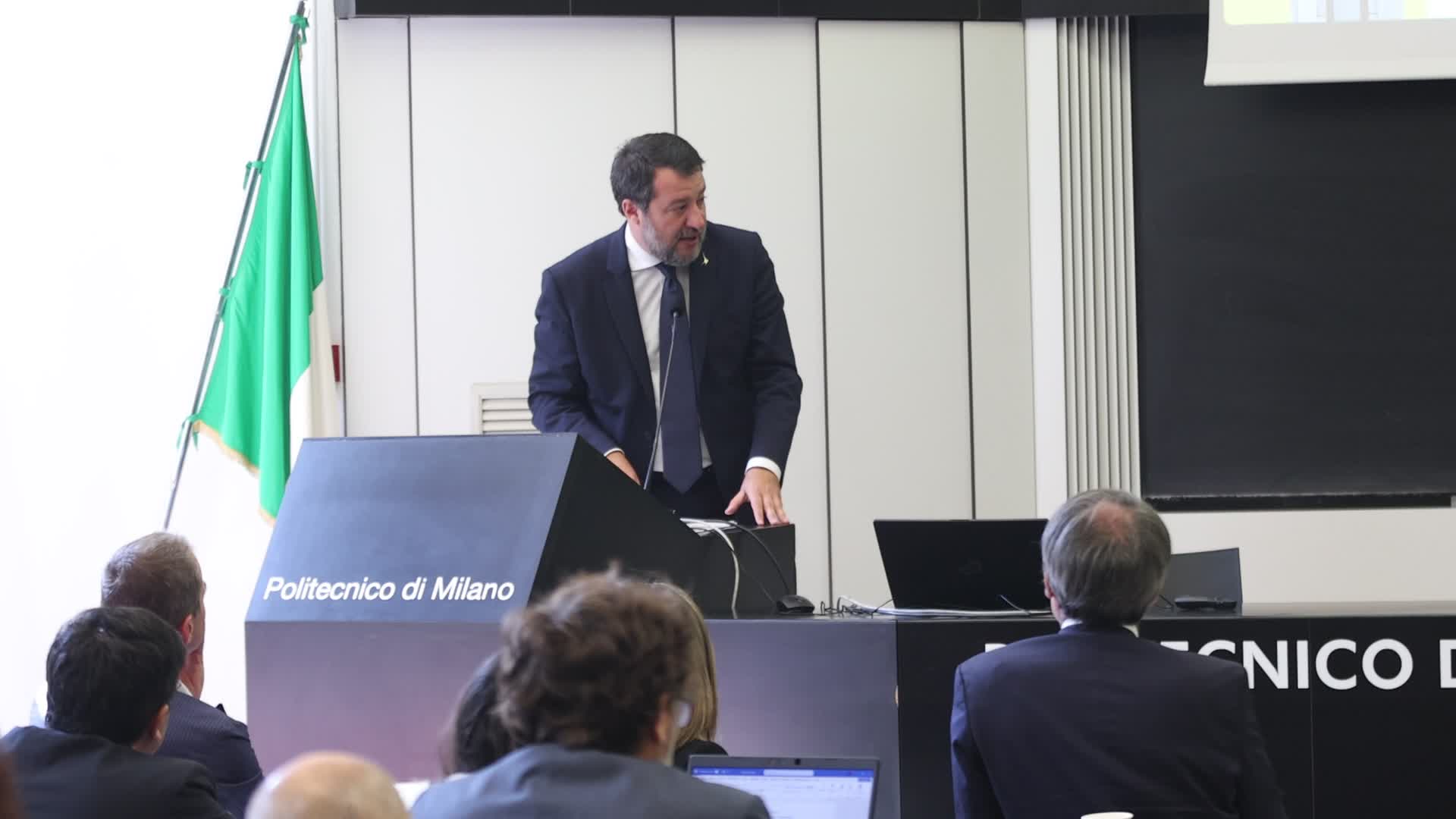 Matteo Salvini attends Le concessioni di infrastrutture e di servizi di trasporto  conference in Milan