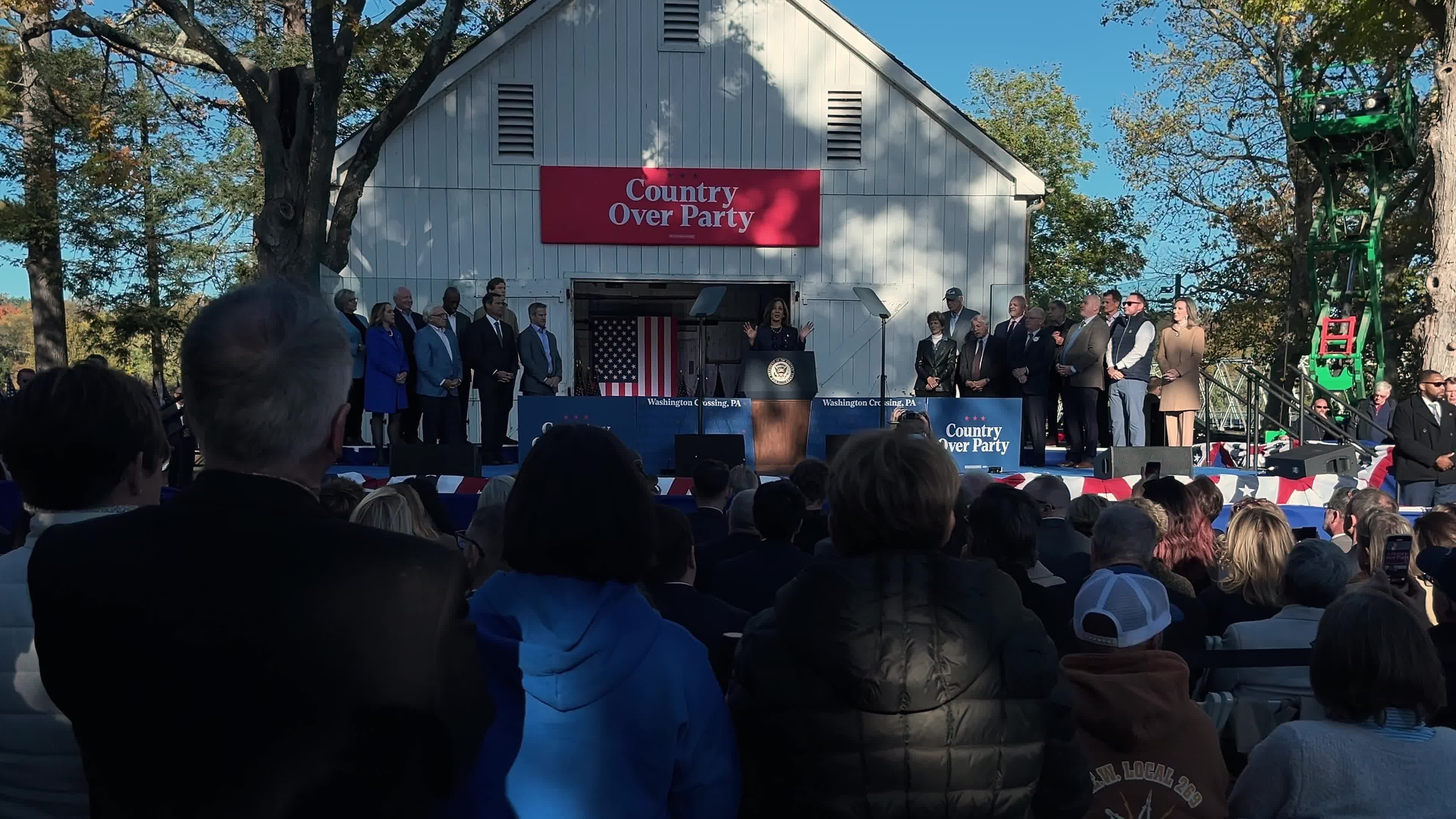 Kamala Harris speaks on stage at Republicans for Harris rally in Pennsylvania