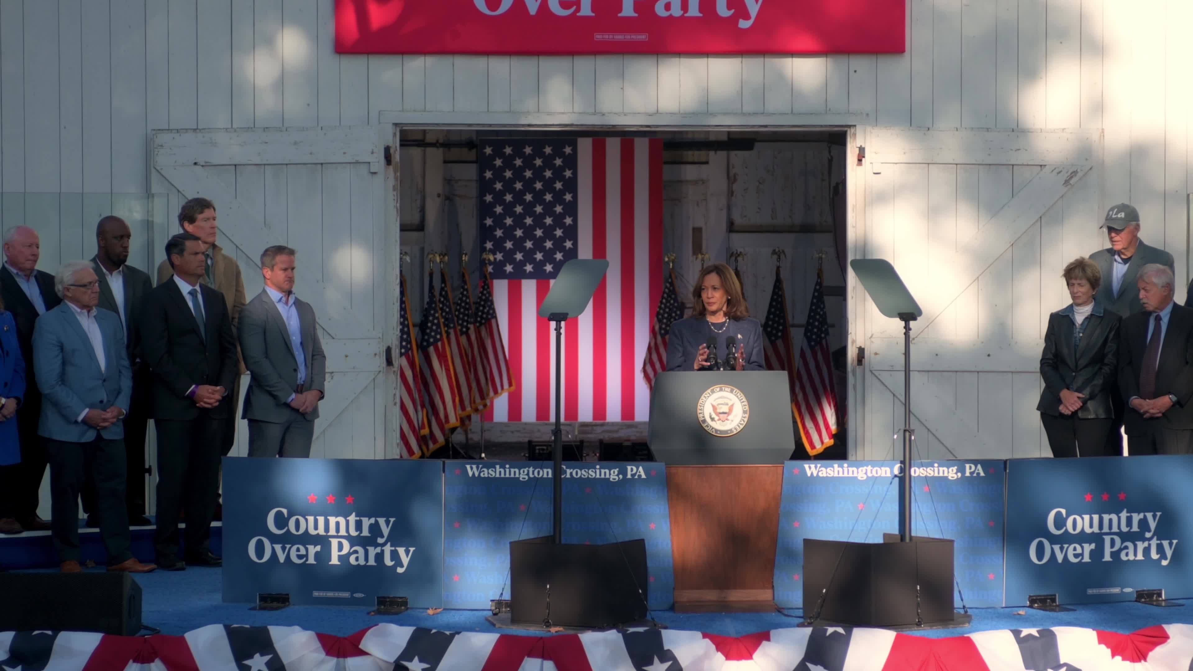 Kamala Harris speaks on stage at Republicans for Harris rally in Pennsylvania