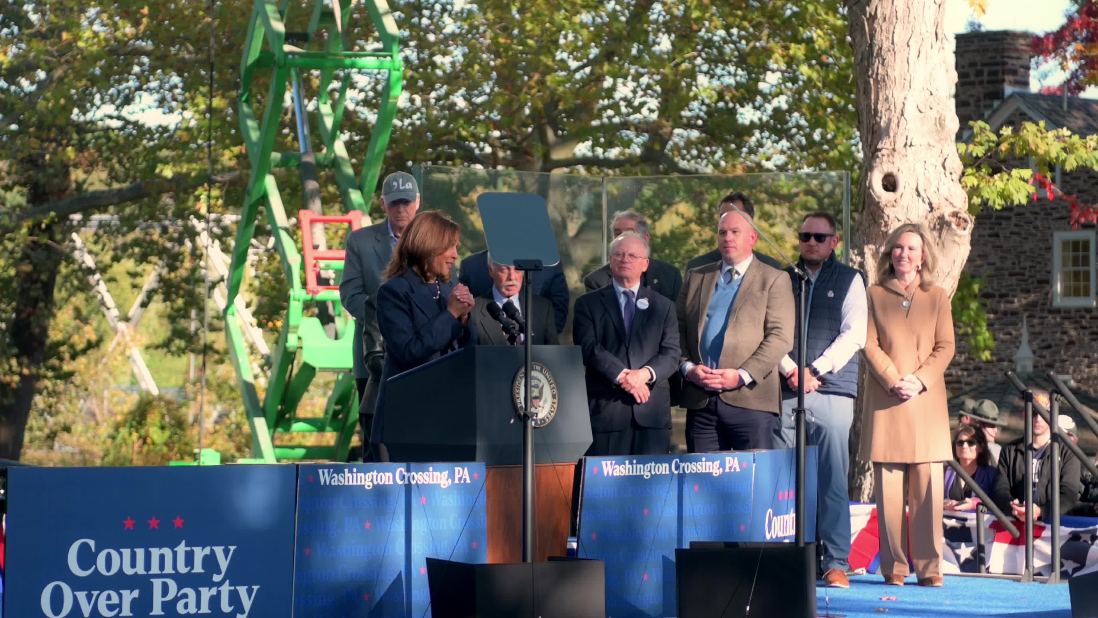 Kamala Harris speaks on stage at Republicans for Harris rally in Pennsylvania