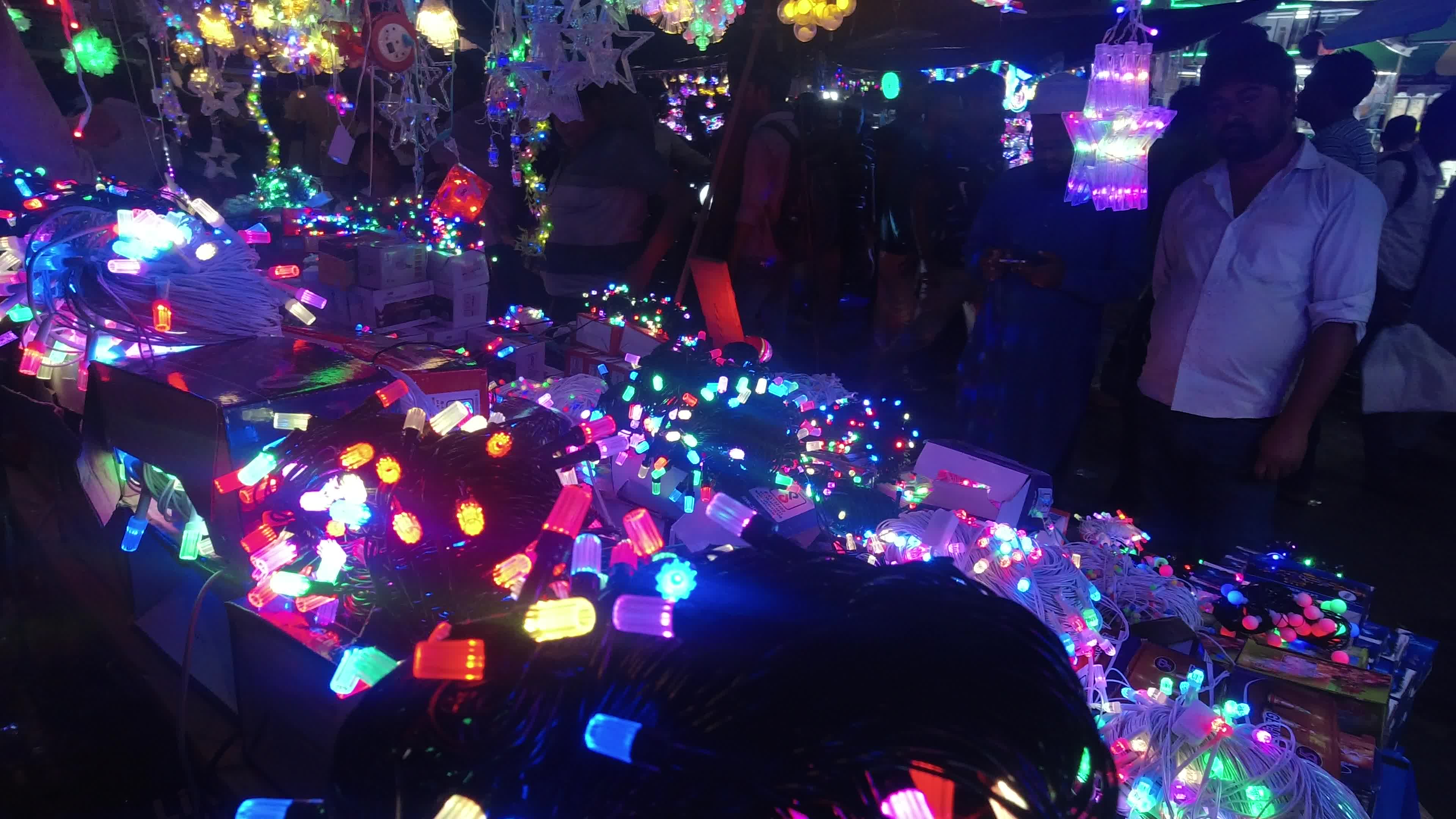 Decorative lights at a market ahead of Diwali celebration in India.
