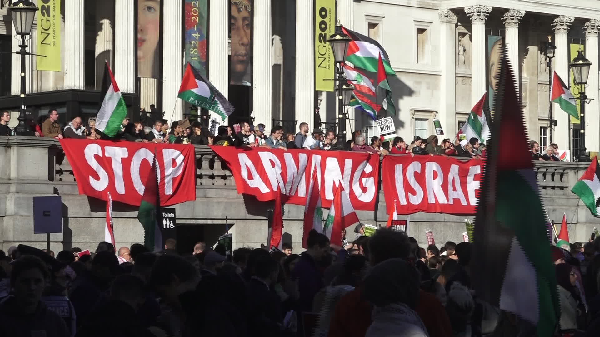 Protesters hold pro-Palestine placards during the demonstration in London