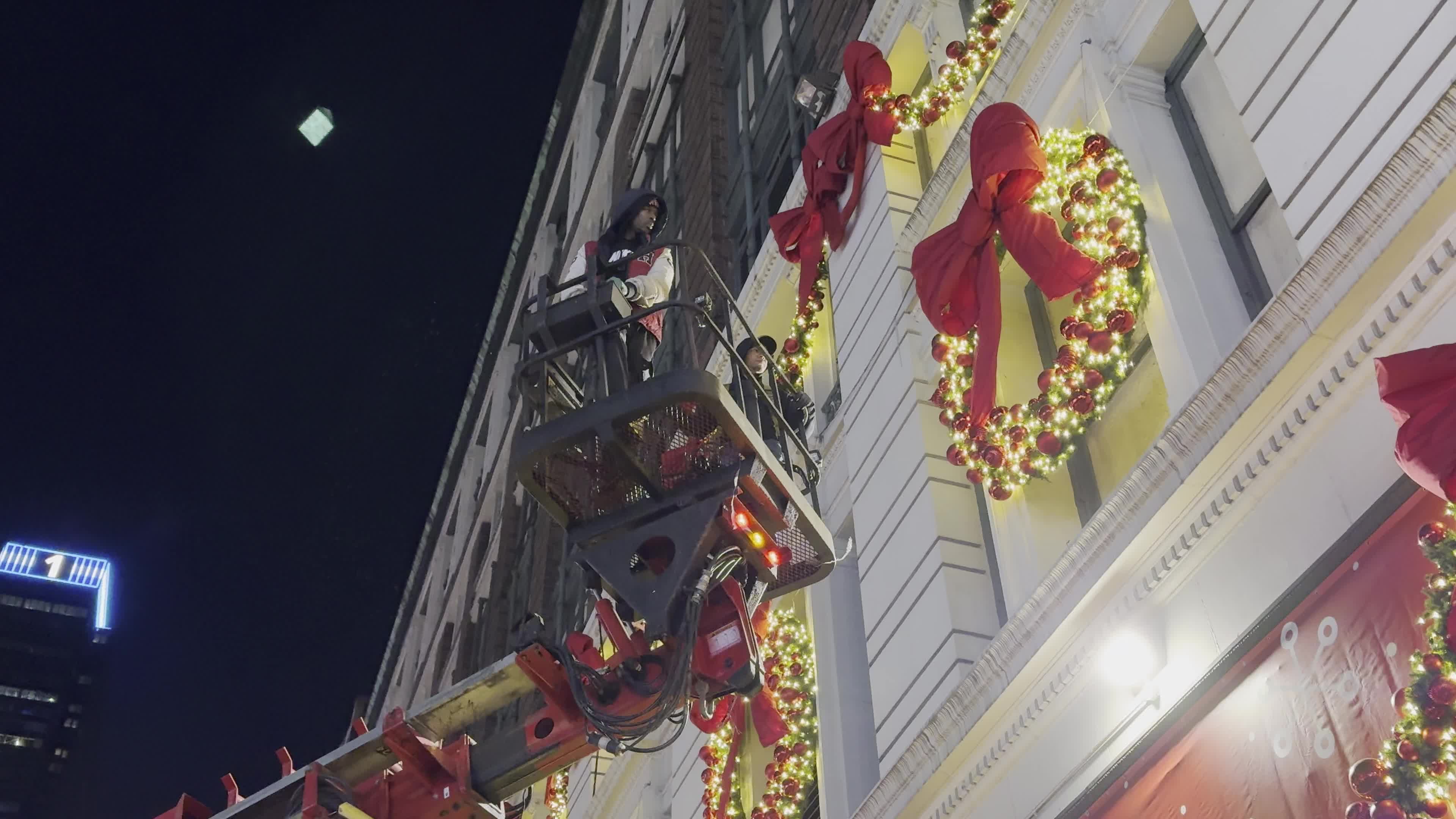 Macys Getting Ready with Thanksgiving Day and Christmas Decorations