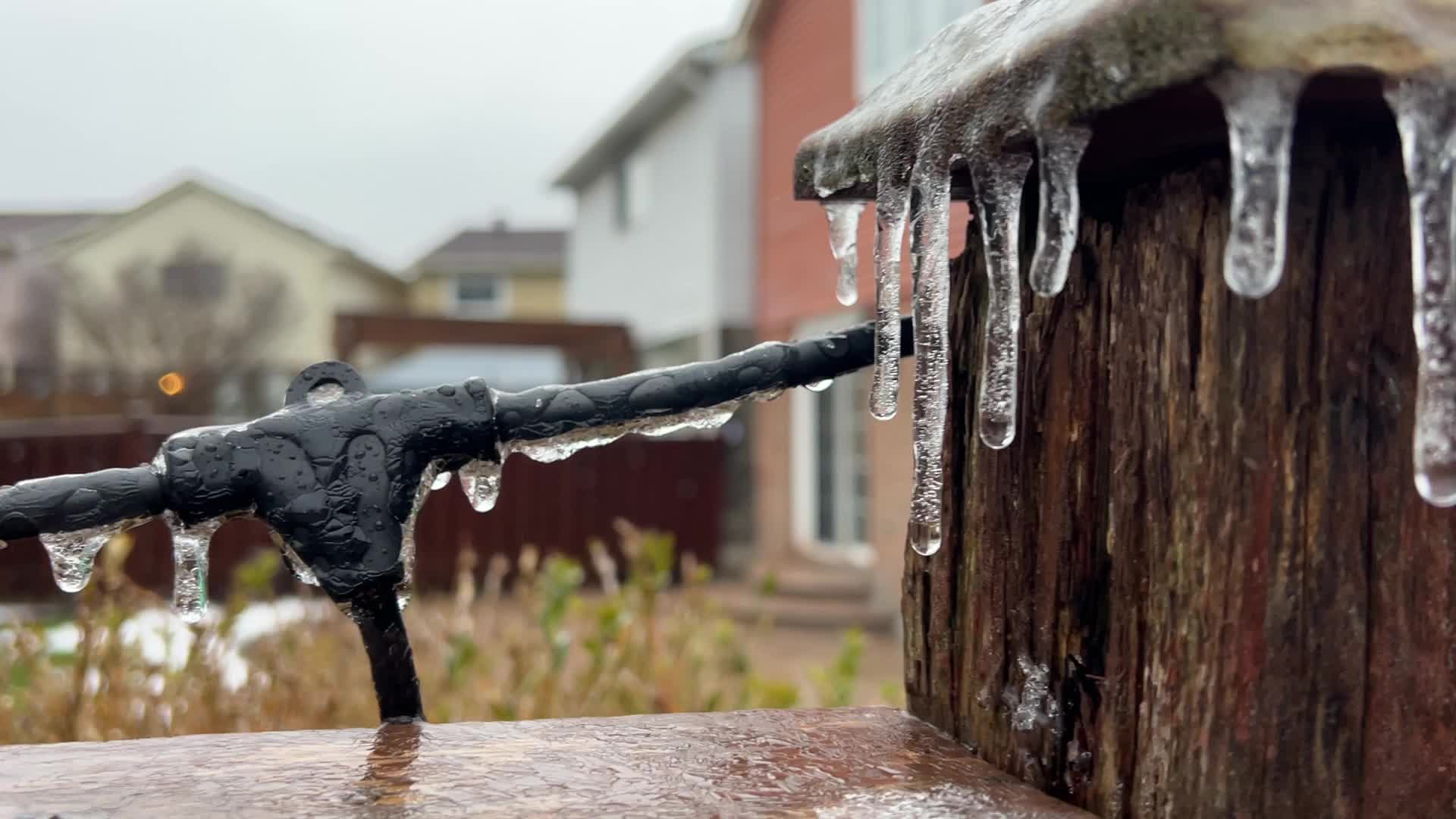 Freezing rain results in surfaces being coated with a sheet of ice in Toronto, Canada