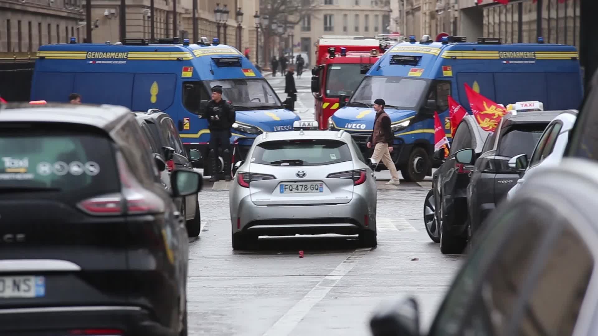 French Taxi drivers protest in Paris, France