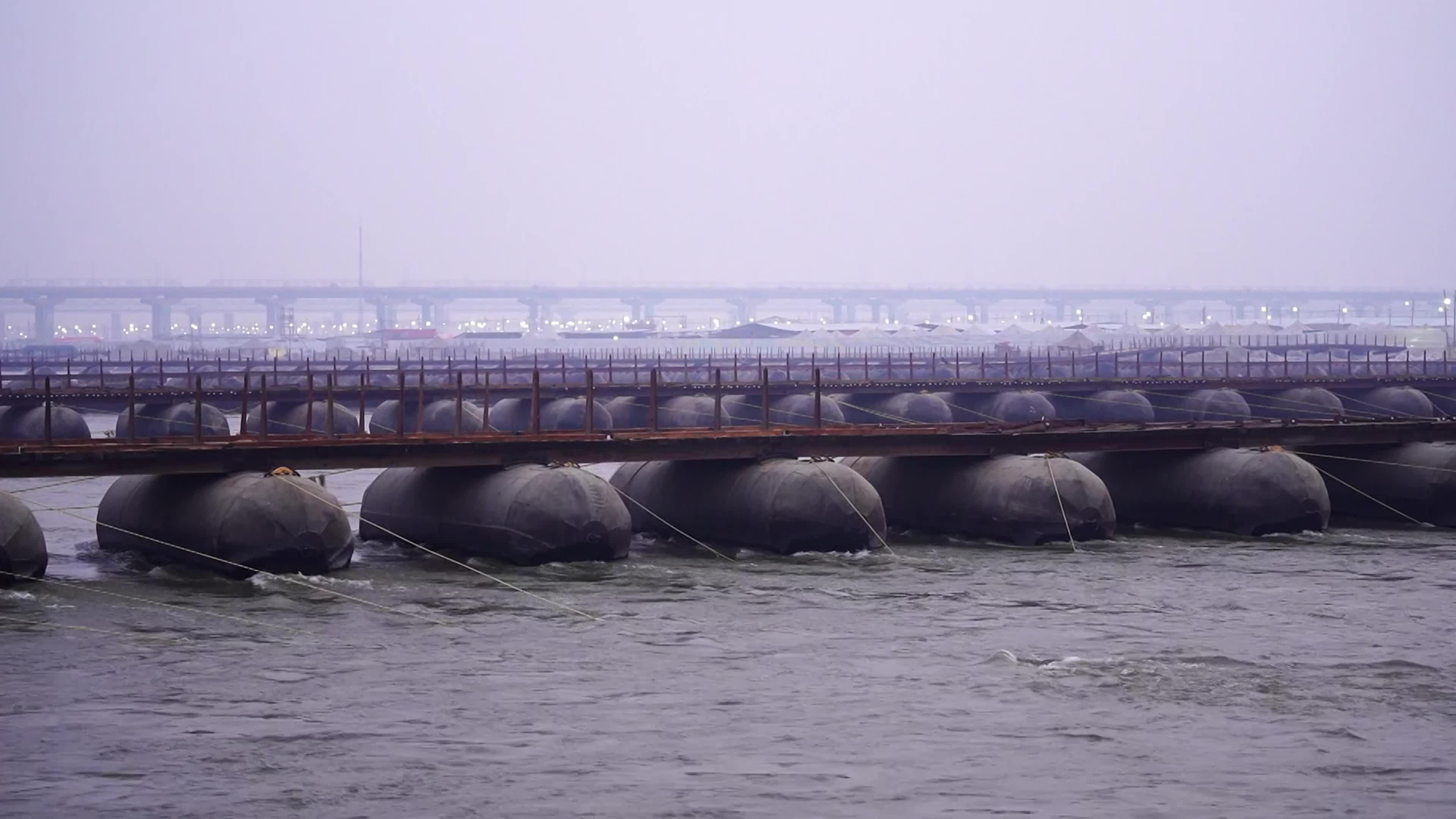 A view of floating pontoon bridge across the river Ganges