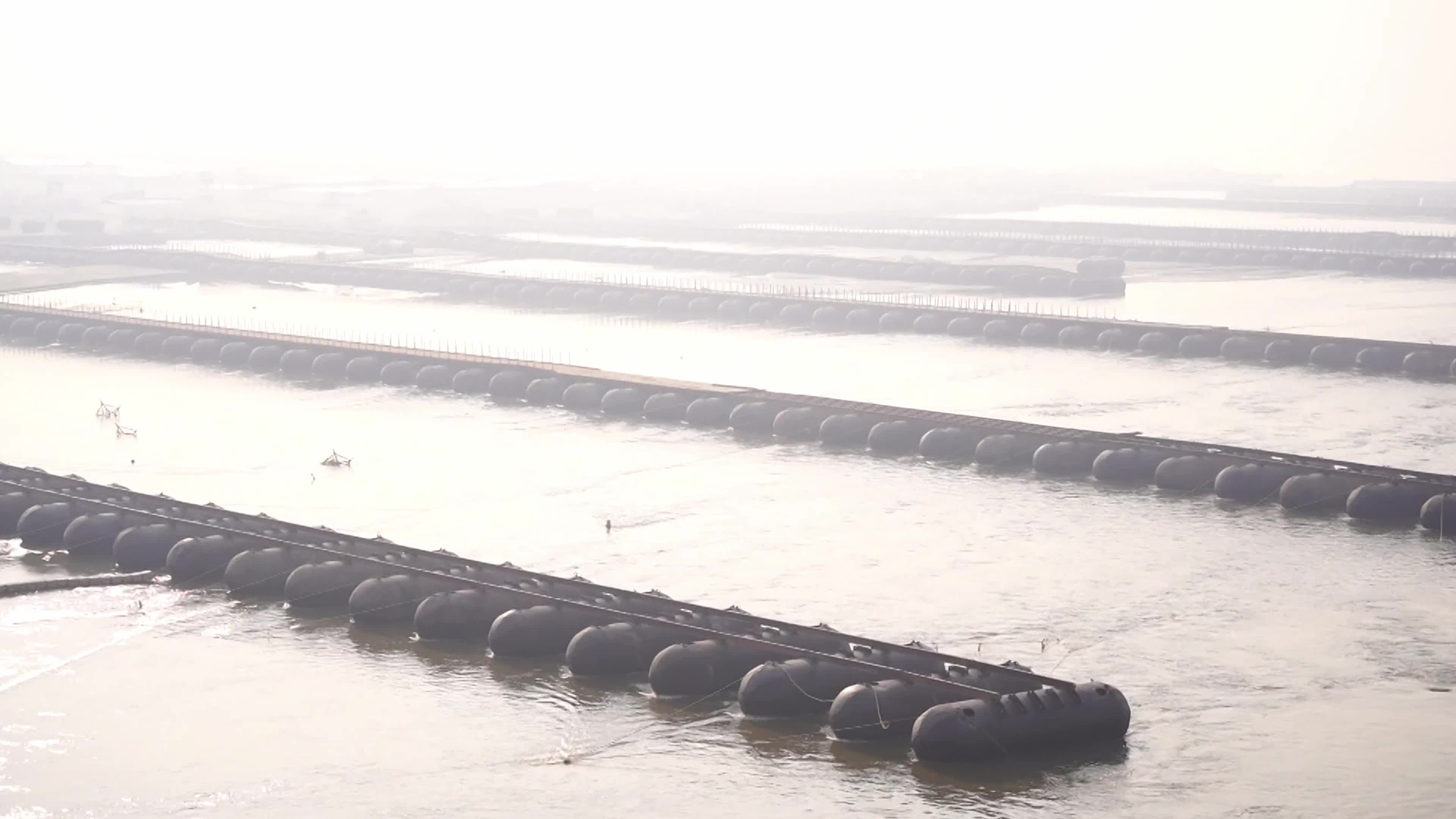 A view of floating pontoon bridge across the river Ganges