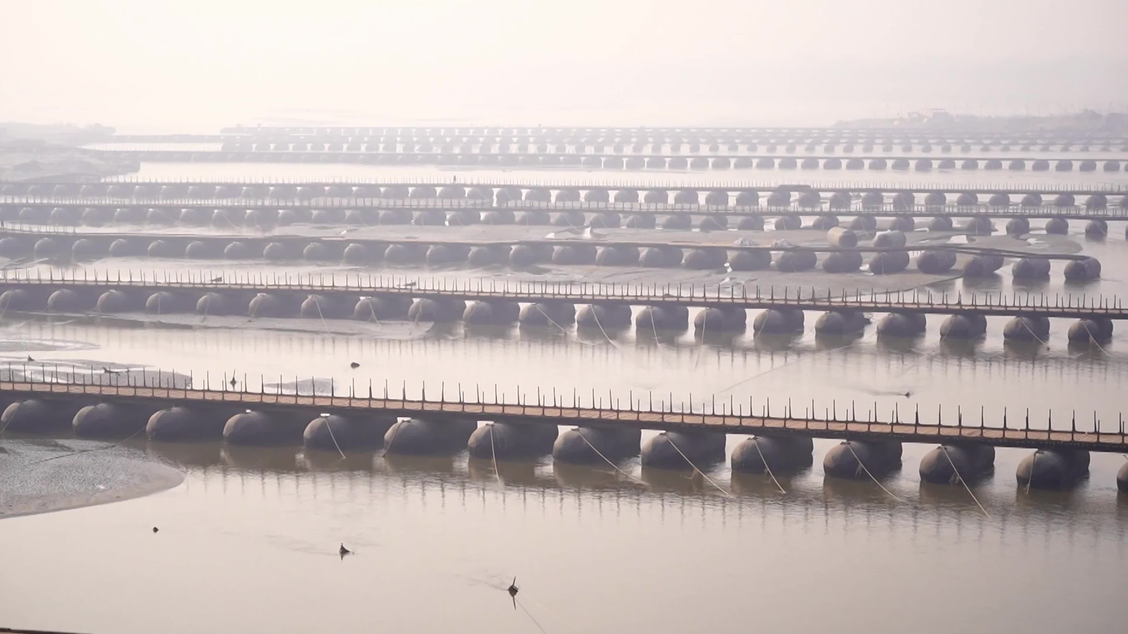 A view of floating pontoon bridge across the river Ganges