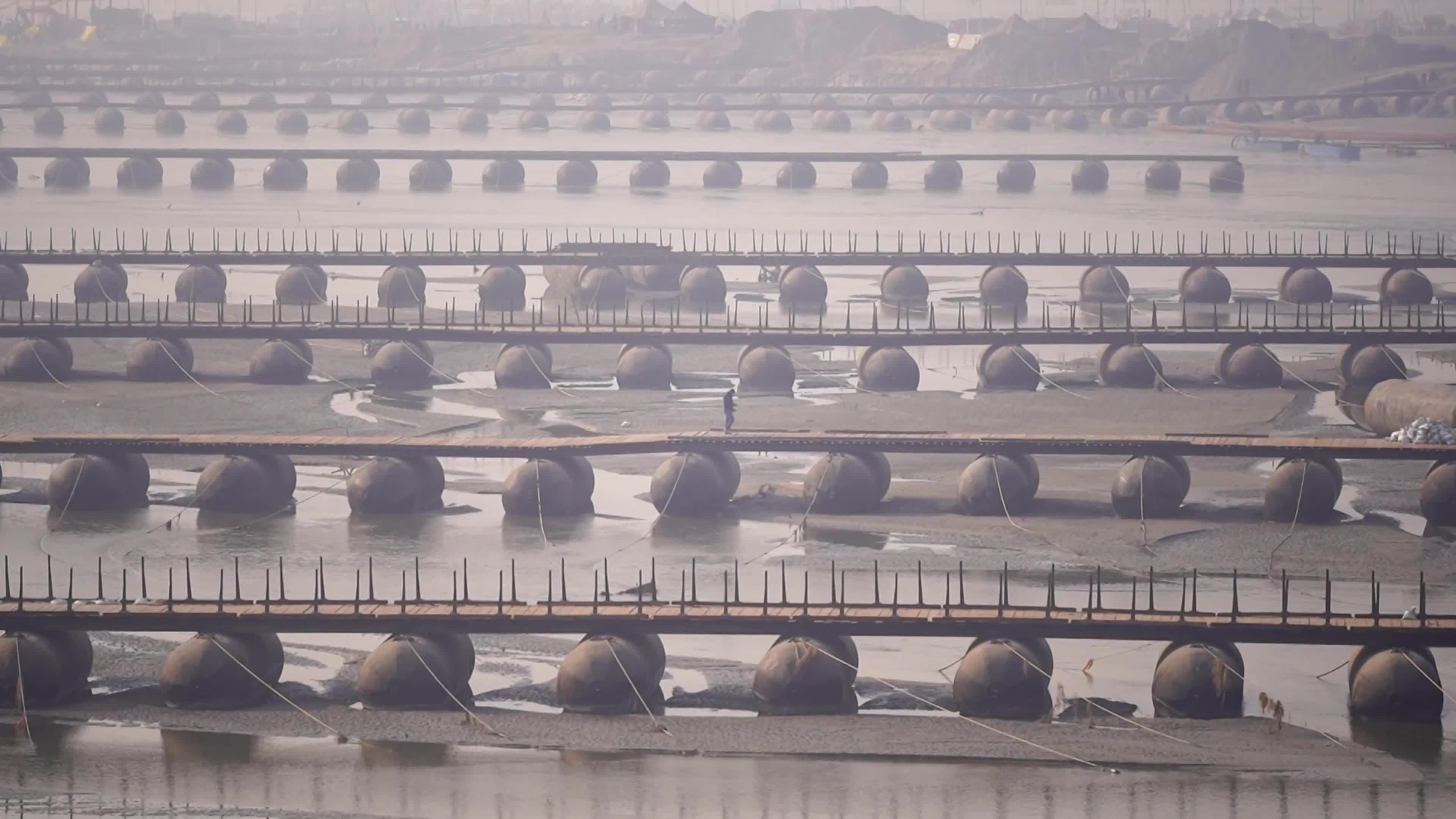 A view of floating pontoon bridge across the river Ganges