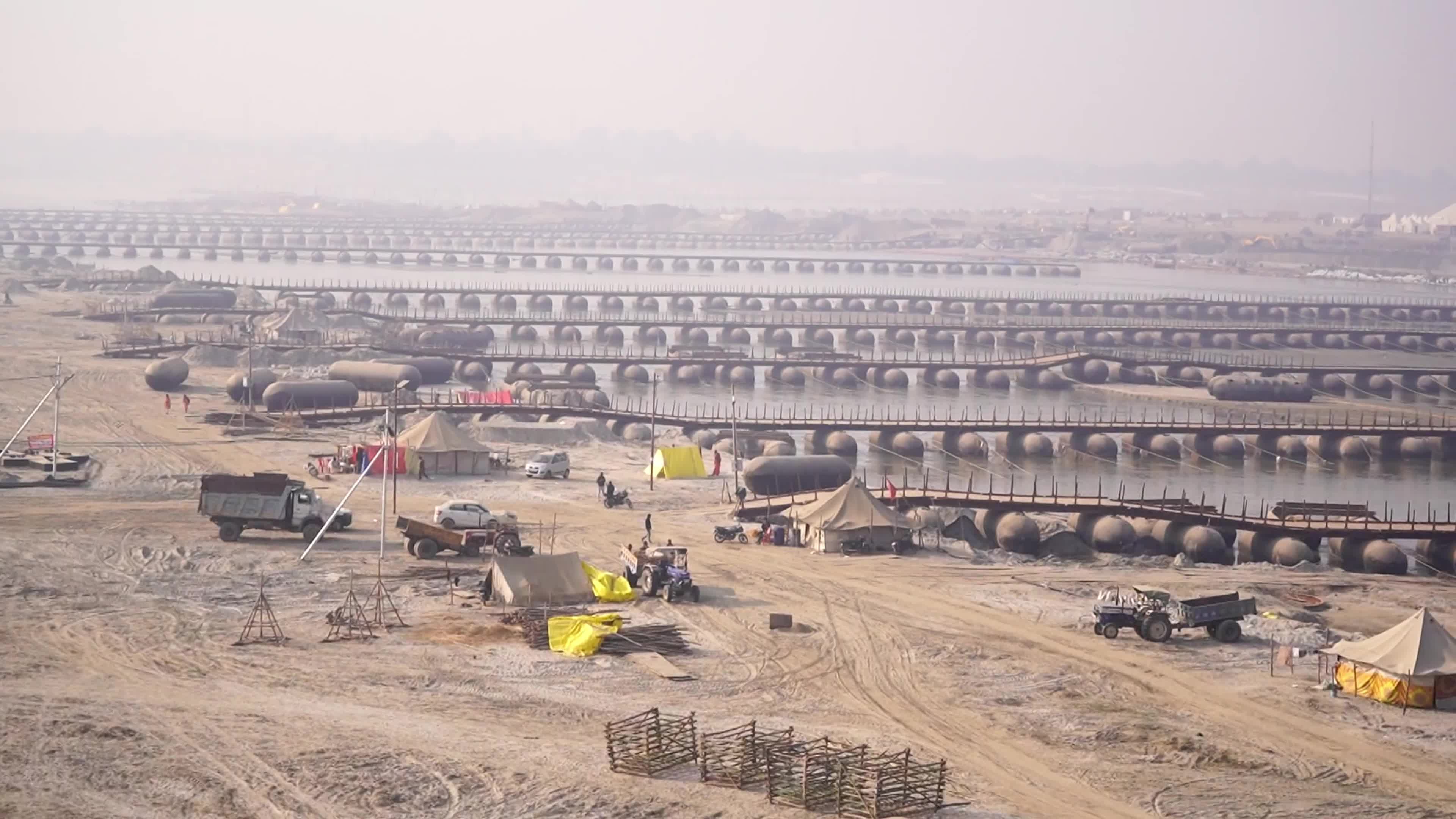 A view of floating pontoon bridge across the river Ganges