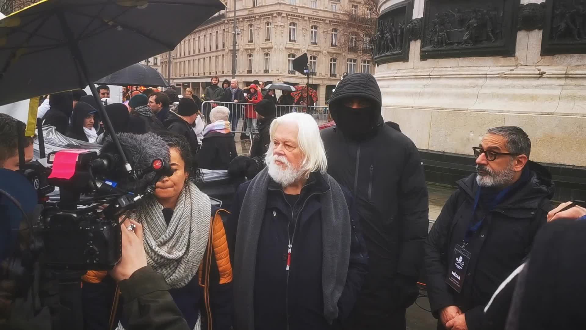 Paul Watson, founder of the Sea Shepherd Conservation Society and anti-whaling activist, attended a rally in his support in Paris