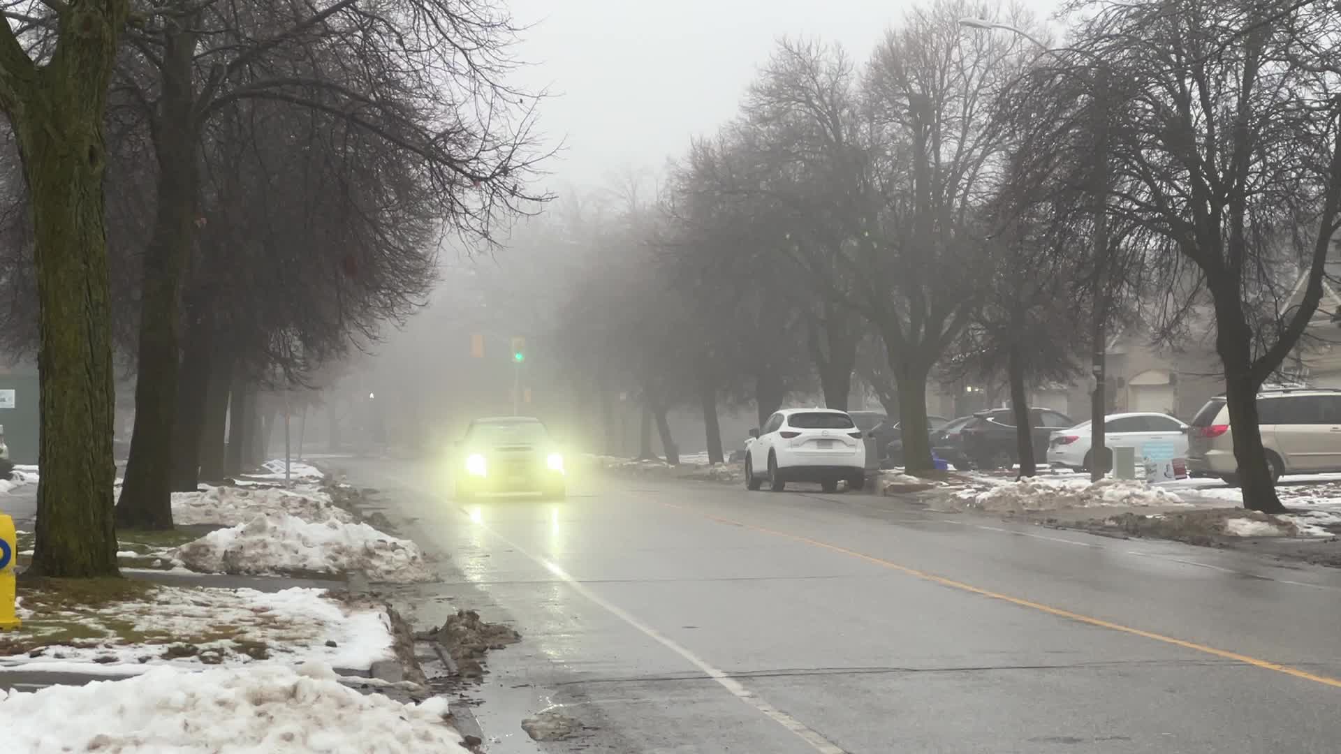 Cold and rainy foggy morning in Toronto, Canada