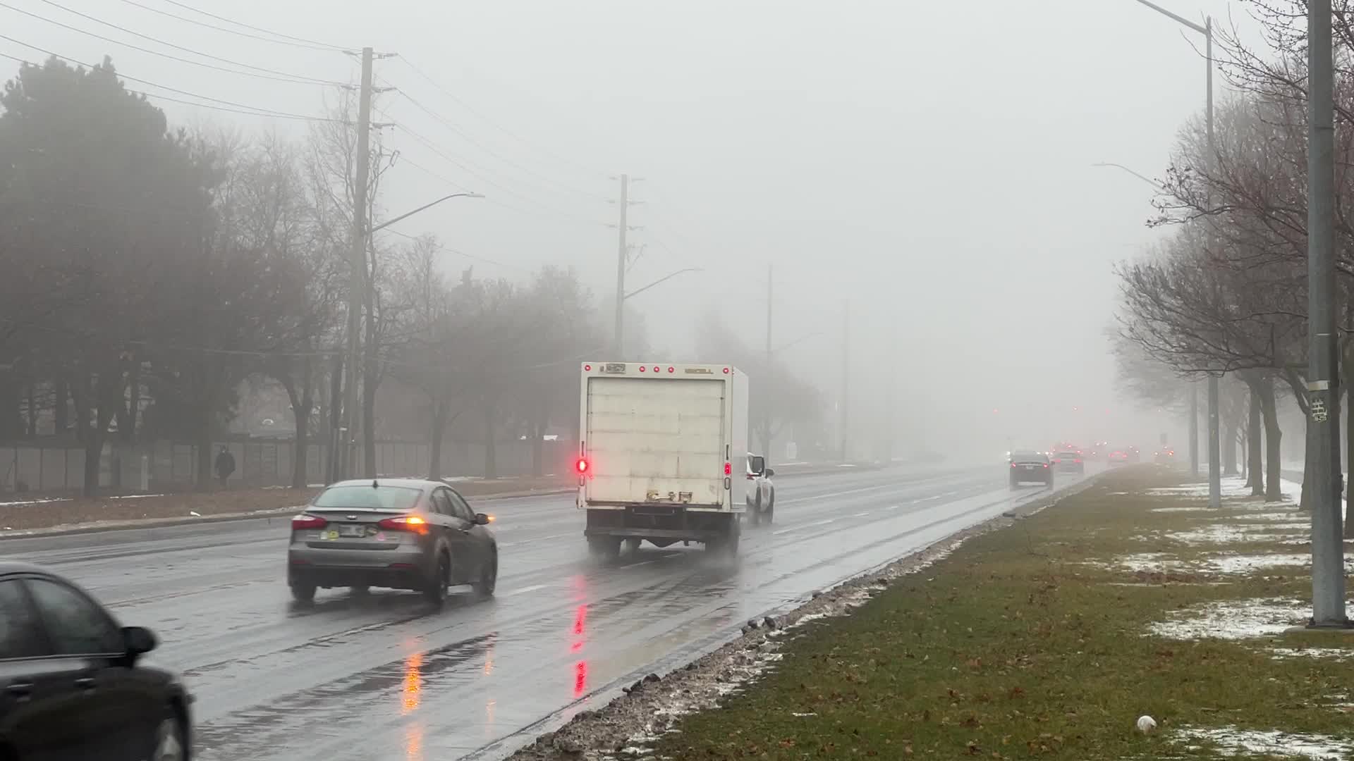 Cold and rainy foggy morning in Toronto, Canada