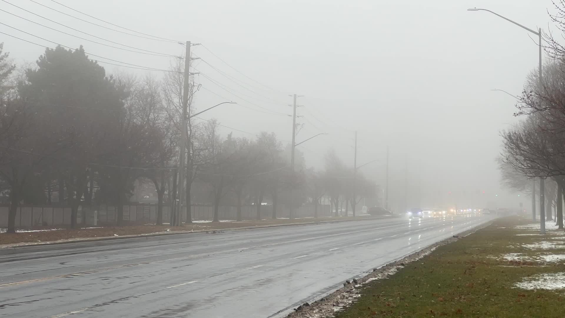 Cold and rainy foggy morning in Toronto, Canada