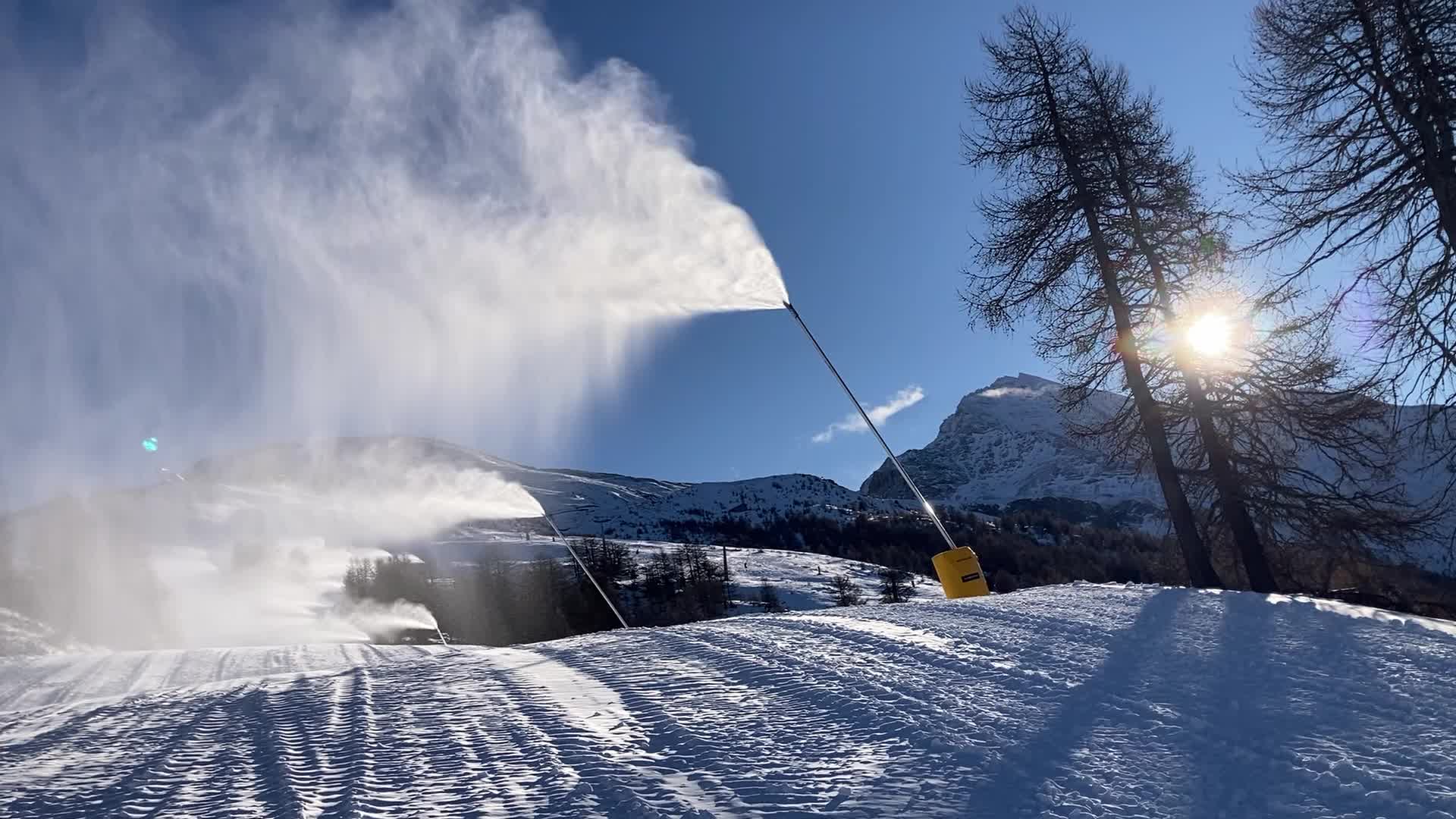Snowmaking system in action in Sestrieres