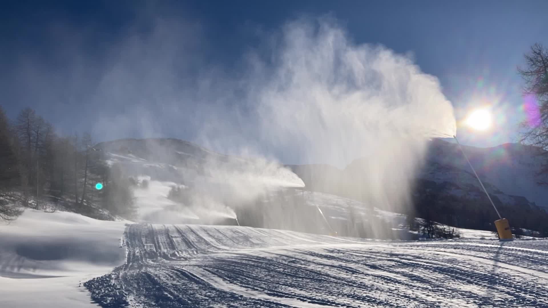 Snowmaking system in action in Sestrieres