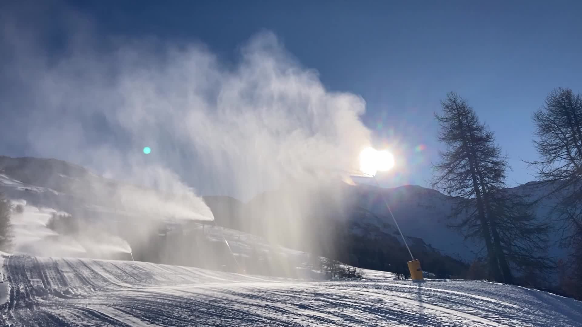 Snowmaking system in action in Sestrieres