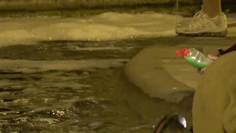 About two thousand people spill soap in the Plaza España in Barcelona