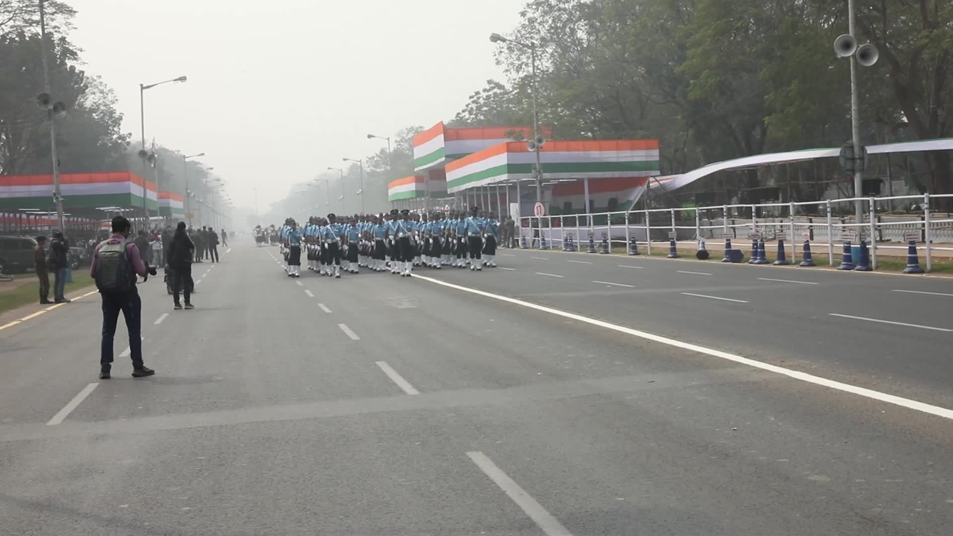 Indian soldiers march during a full dress rehearsal for the upcoming Republic Day parade in Kolkata,