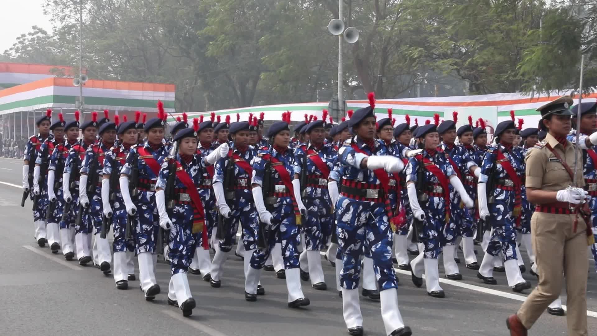 Indian soldiers march during a full dress rehearsal for the upcoming Republic Day parade in Kolkata,