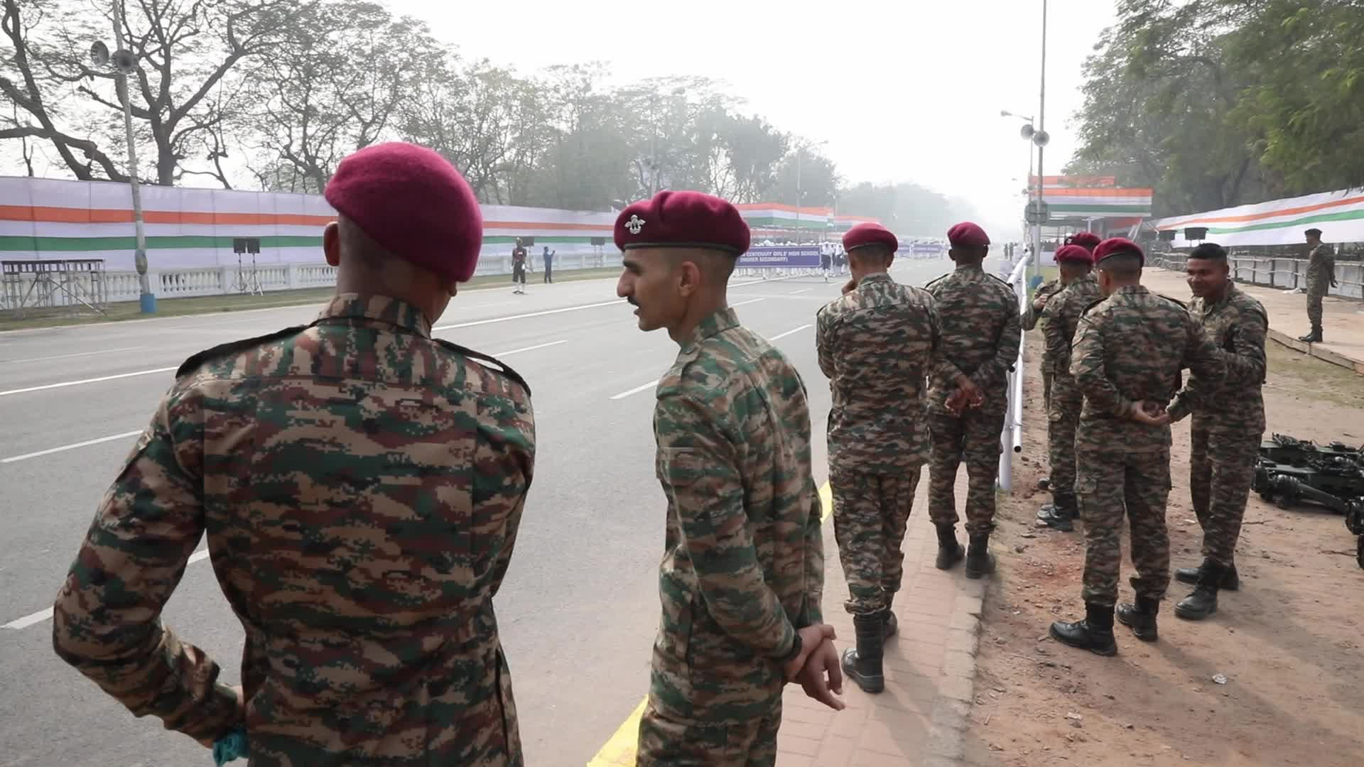 Indian soldiers march during a full dress rehearsal for the upcoming Republic Day parade in Kolkata,