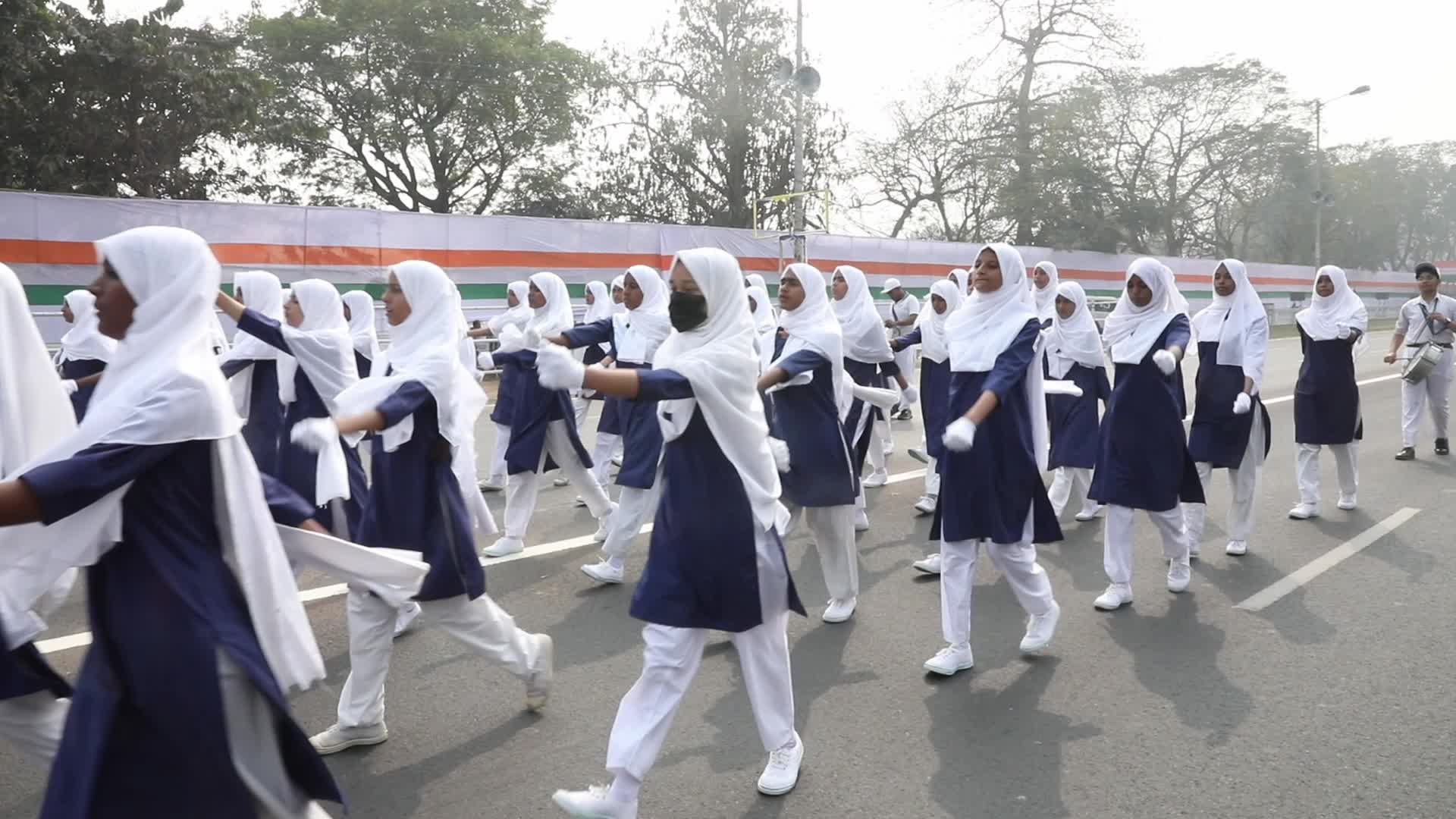 Indian soldiers march during a full dress rehearsal for the upcoming Republic Day parade in Kolkata,