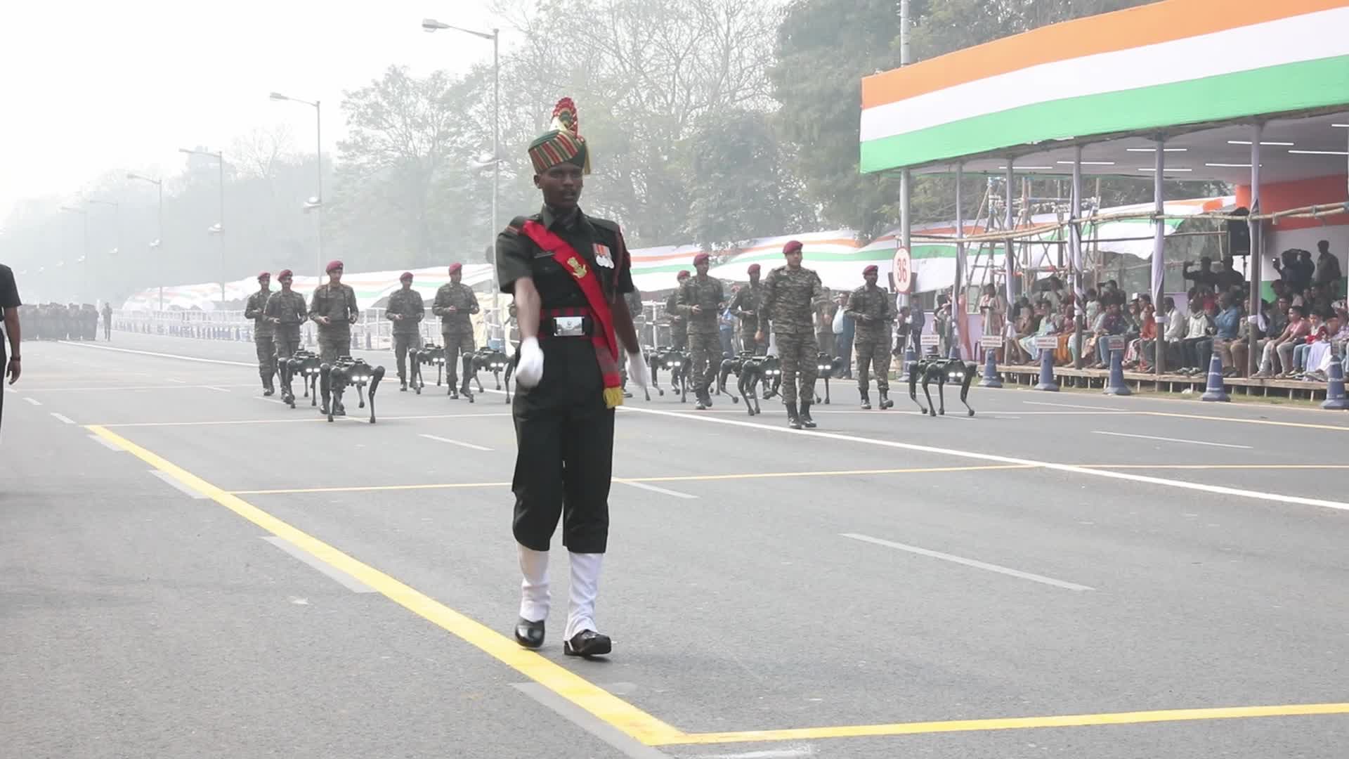 Indian soldiers march during a full dress rehearsal for the upcoming Republic Day parade in Kolkata,