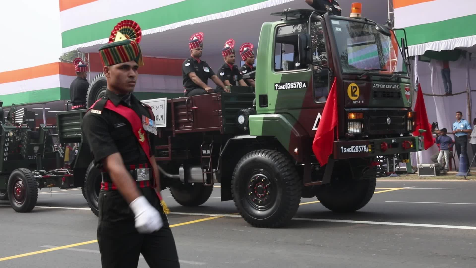 Indian soldiers march during a full dress rehearsal for the upcoming Republic Day parade in Kolkata,